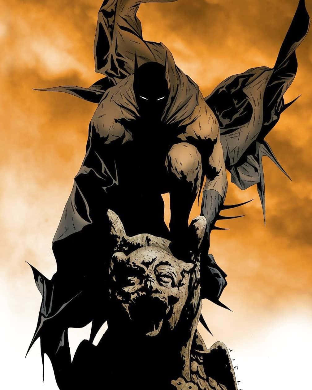 Batman War Games 桌布 壁紙 — 蝙蝠俠站在石像鬼上，背景是火紅的橙色天空，一幅戲劇性的漫畫插圖。