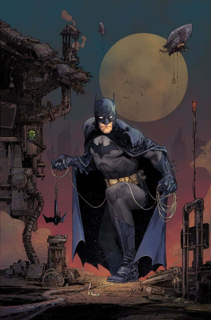 Batman The New 52 桌布 壁紙 — 蝙蝠俠站在破爛的屋頂上，巨大的月亮下，飛行機器在陰暗的天空中飄浮。