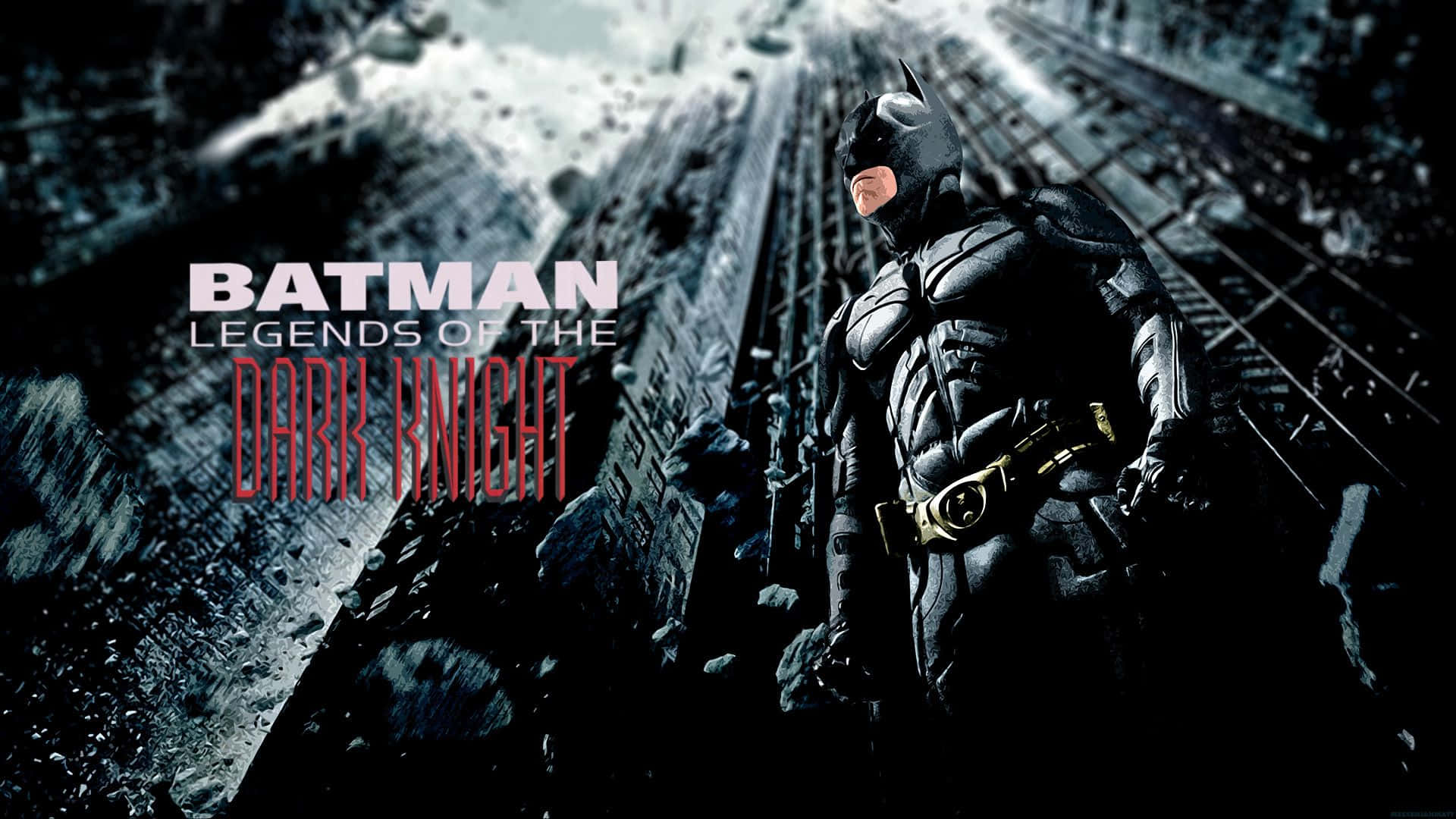 Legends Of The Dark Knight 桌布 壁紙 — 蝙蝠俠站在破爛的高譚市屋頂上，俯瞰著暴風雨天空下被雨水浸透的城市景觀。