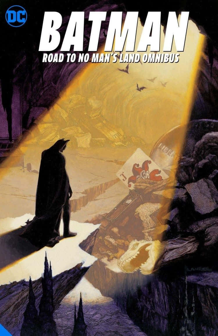 Batman The New 52 桌布 壁紙 — 蝙蝠俠站在荒涼的峽谷中，沐浴在金色的光束下，一輛破爛的汽車和小丑牌躺在廢墟中。