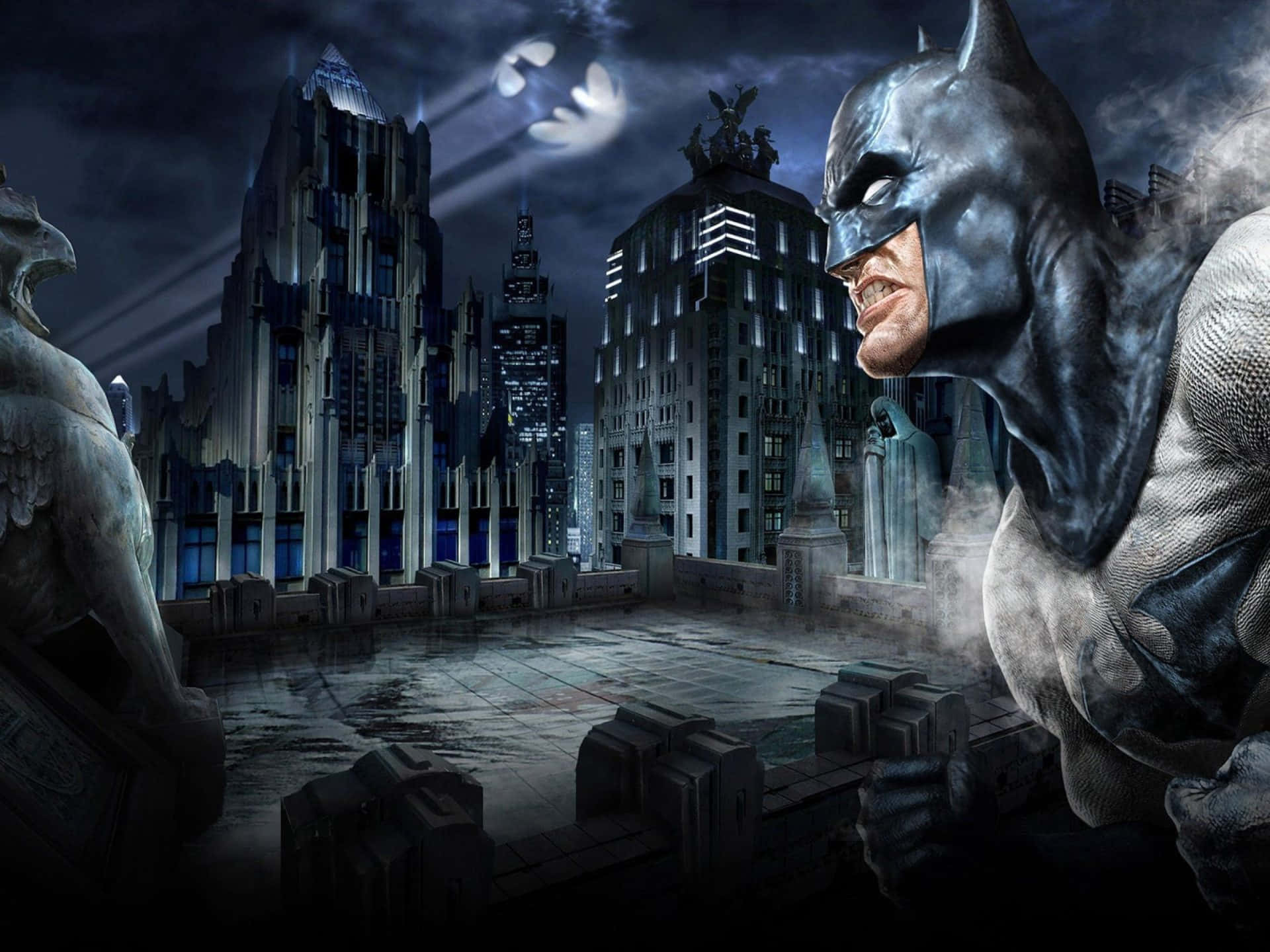 Legends Of The Dark Knight 桌布 壁紙 — 蝙蝠俠站在被雨水浸濕的屋頂上，俯瞰月光下哥德式的城市景觀，他的蝙蝠標誌在上方發光。