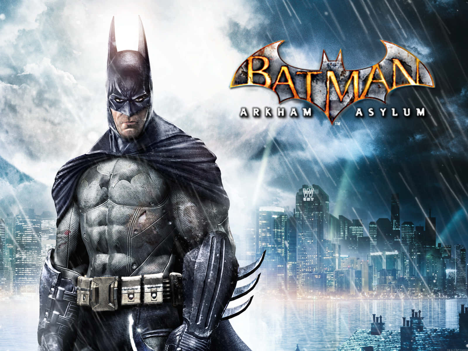Arkham Asylum 桌布 壁紙 — 蝙蝠俠站在被雨水浸濕的高譚市中，身後閃電劃過，阿卡漢精神病院的標誌在天際線上方發光。