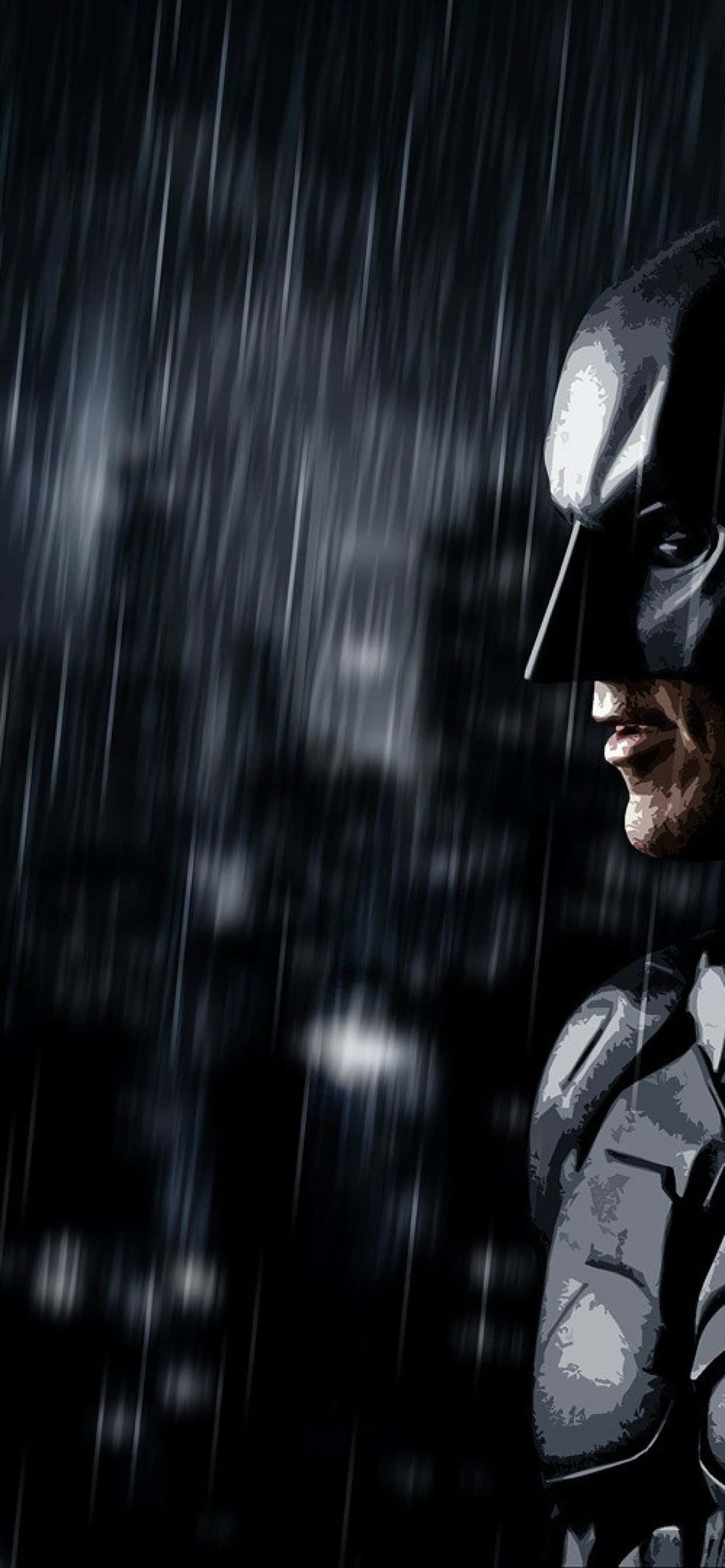 Batman Arkham Knight 桌布 壁紙 — 蝙蝠俠站在被雨水浸濕的高譚市夜晚，他的頭罩在城市的燈光下閃閃發光，雨水順著他的裝甲服流下。