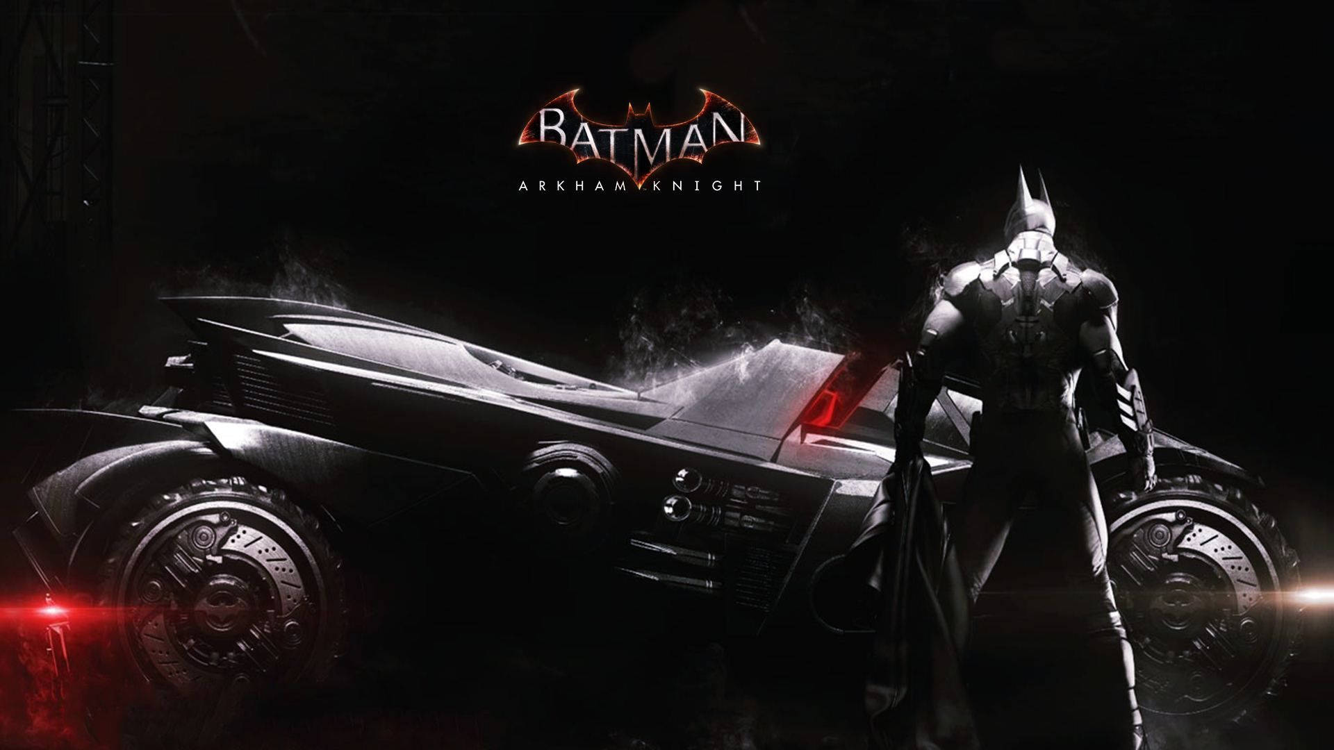Batmobile 桌布 壁紙 — 蝙蝠俠站在陰影中，旁邊是他裝甲蝙蝠車，帶有發光的紅色點綴，在黑暗的電影場景中。