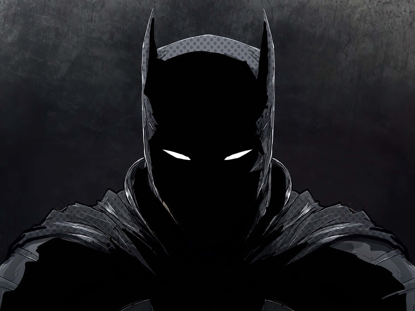 1920 X 1080 Batman 桌布 壁紙 — 蝙蝠俠站在陰影中，發光的白色眼睛映襯著粗糙的深灰色背景。