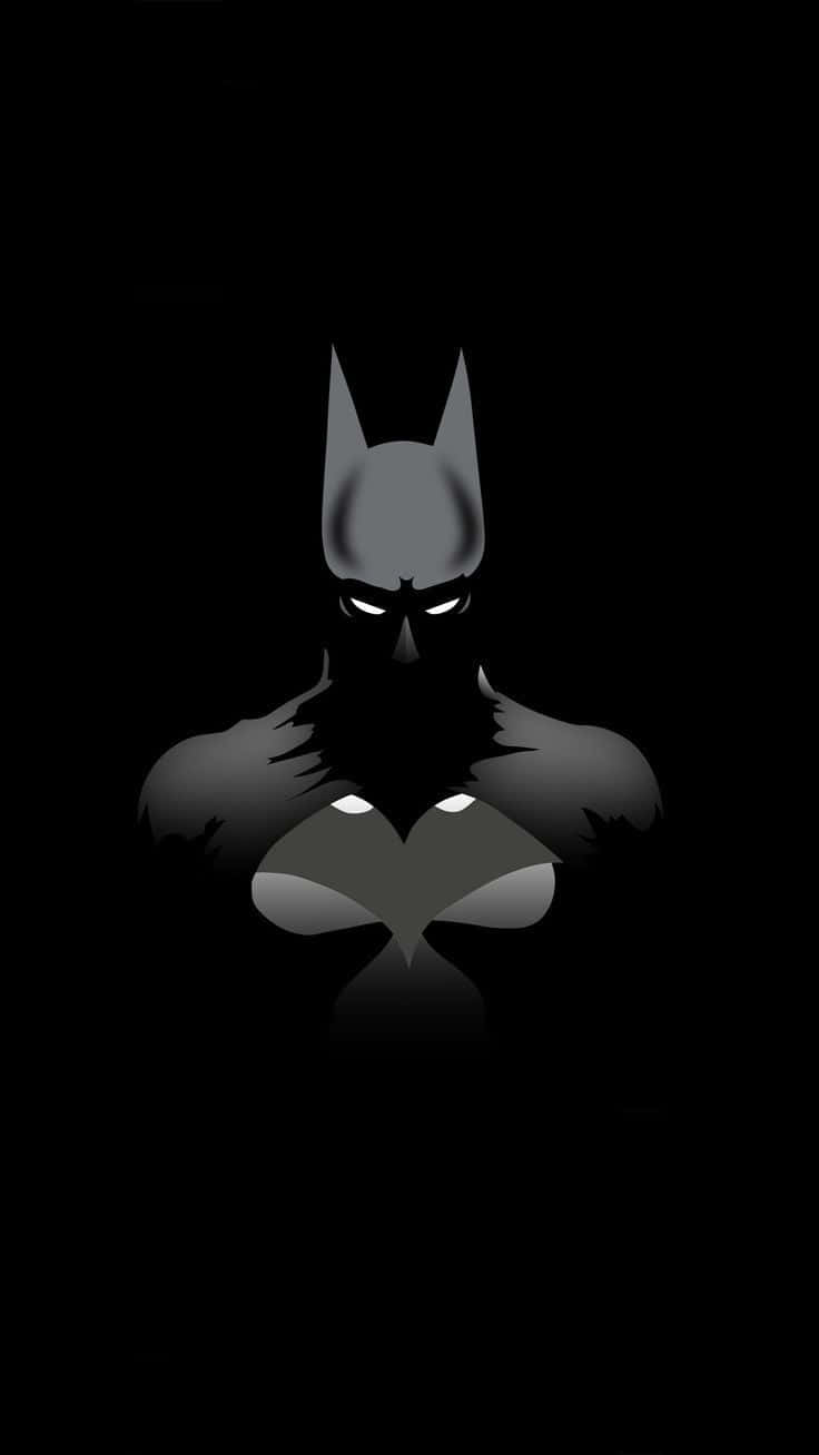 Batman Black And White 桌布 壁紙 — 蝙蝠俠站在陰影中，發光的眼睛和蝙蝠標誌在純黑色背景上。