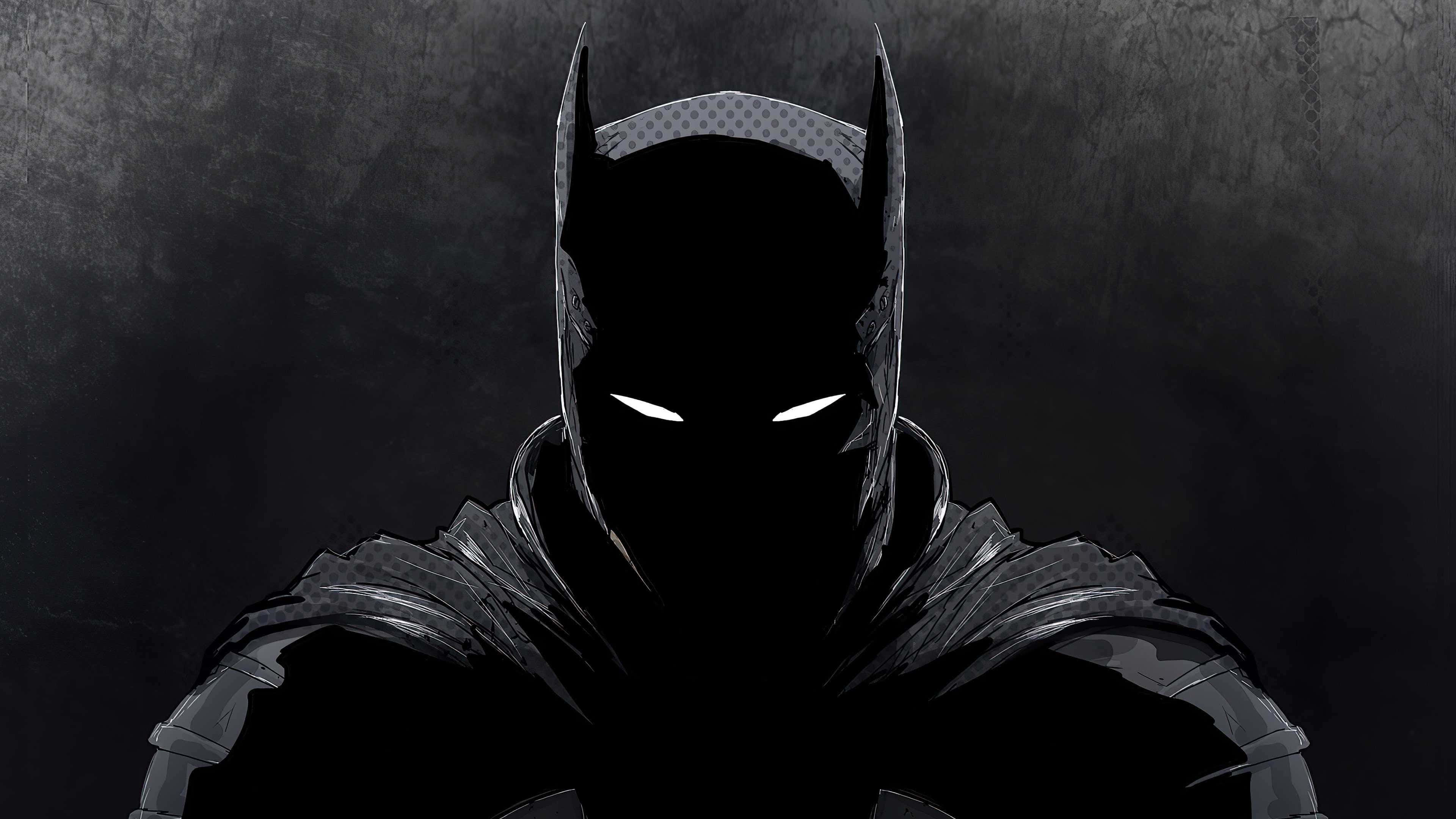 Batmobile Desktop 桌布 壁紙 — 蝙蝠俠站在陰影中，白色眼睛發光，背景是紋理深灰色。
