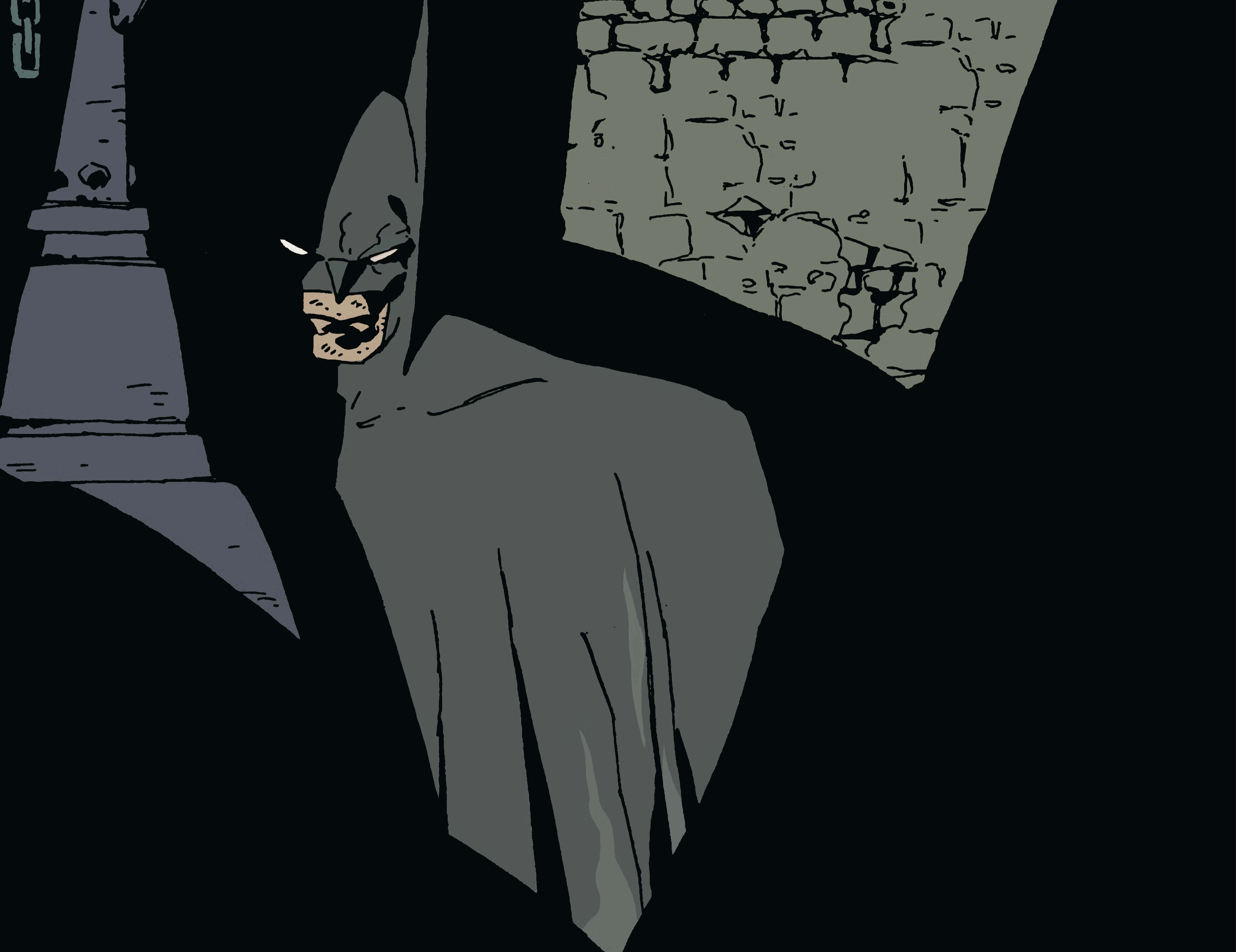 Batman The Long Halloween 桌布 壁紙 — 蝙蝠俠站在陰影廢墟中，眼睛發光，表情陰沉，在破碎的拱門下。