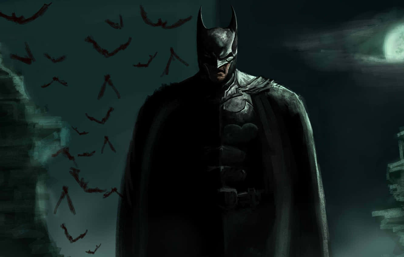 Bruce Wayne 桌布 壁紙 — 蝙蝠俠站在陰影廢墟中，蝙蝠在發光的月亮下圍繞他飛舞。