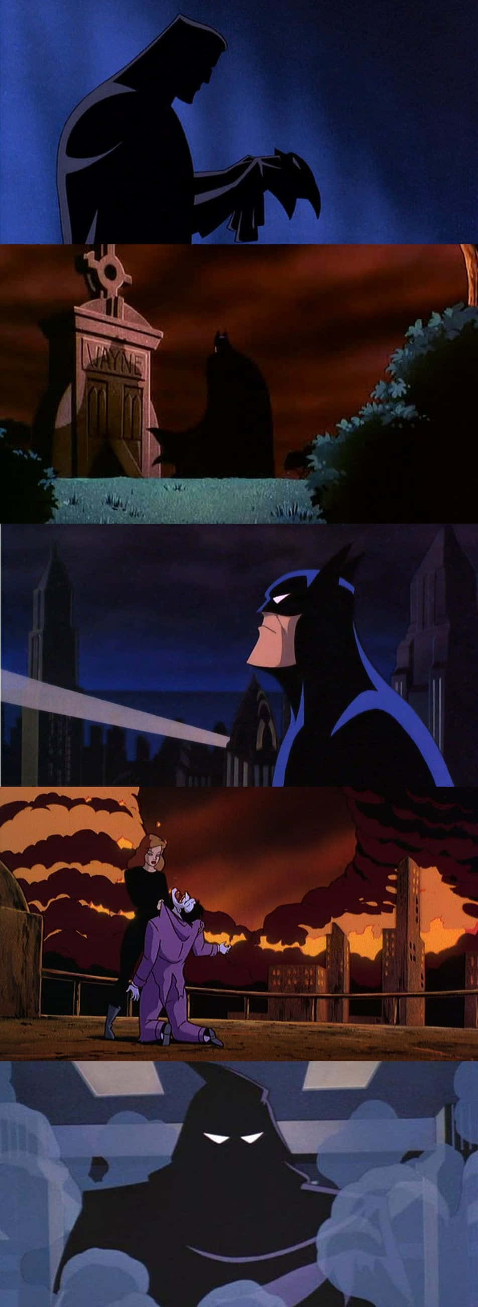 Batman Mask Of The Phantasm 桌布 壁紙 — 蝙蝠俠站在陰暗的高譚場景中，以經典動畫風格在戲劇性的夜空和城市景觀中形成剪影。