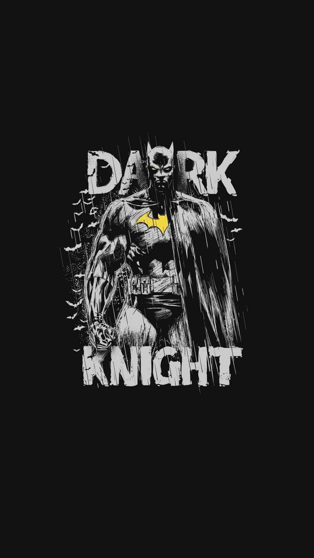蝙蝠俠 桌布 壁紙 — 蝙蝠俠站在雨中，上方有「DARK KNIGHT」文字，蝙蝠在他周圍飛翔，以粗獷的漫畫藝術風格呈現。