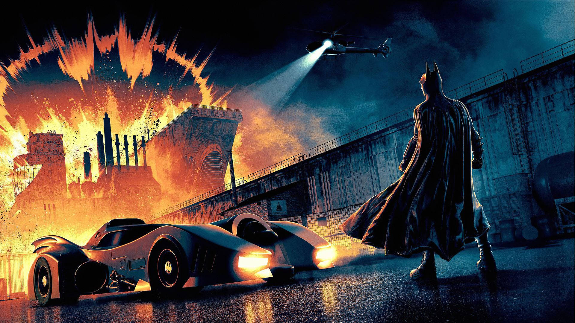 Batmobile 桌布 壁紙 — 蝙蝠俠站在雨濕的城市廢墟中，他的蝙蝠車在直升機的聚光燈下，在一座燃燒的工廠旁邊發光。