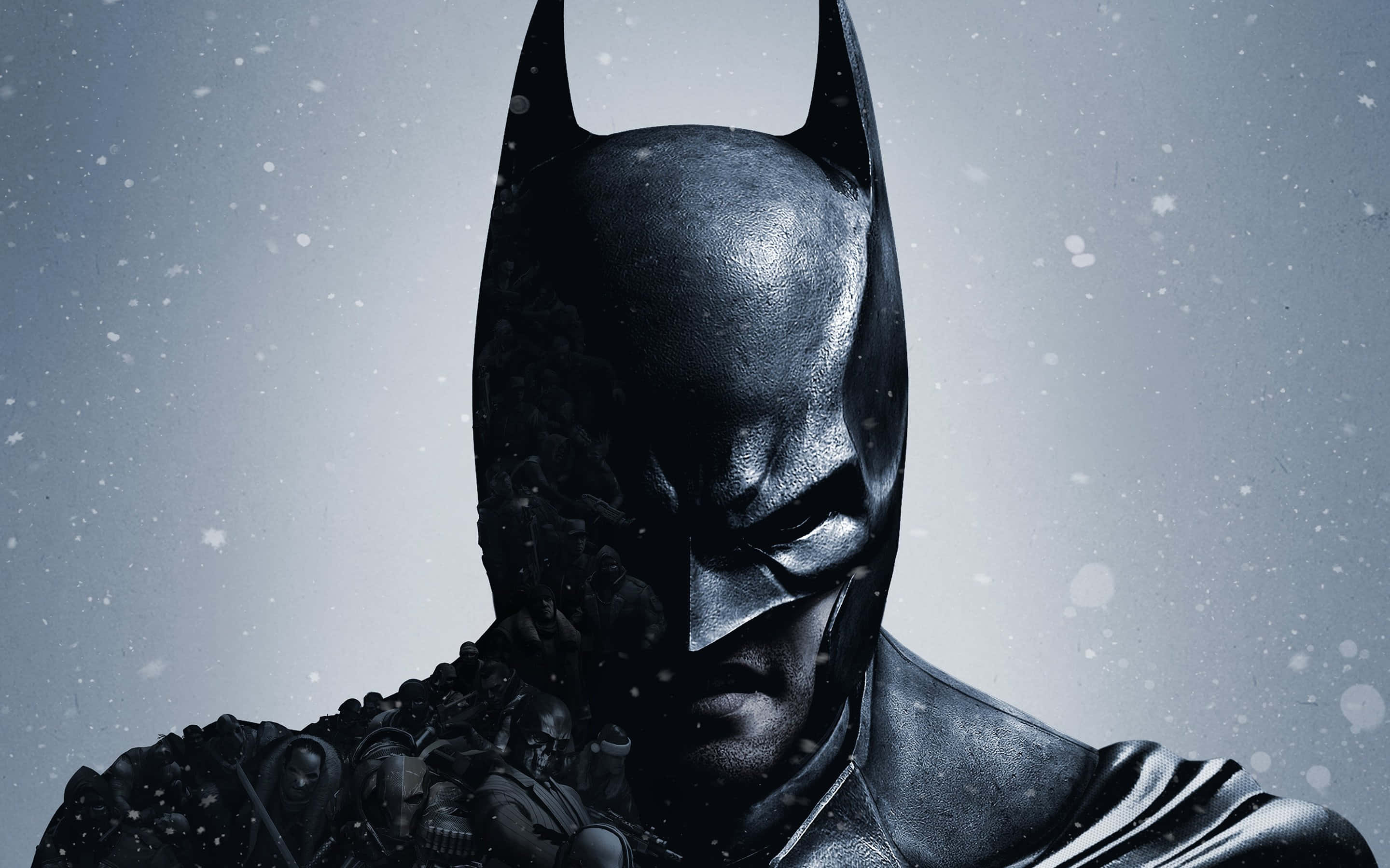Batman Arkham Origins 桌布 壁紙 — 蝙蝠俠站在雪景中，在灰色天空下飄落的雪花中露出陰沉的表情。