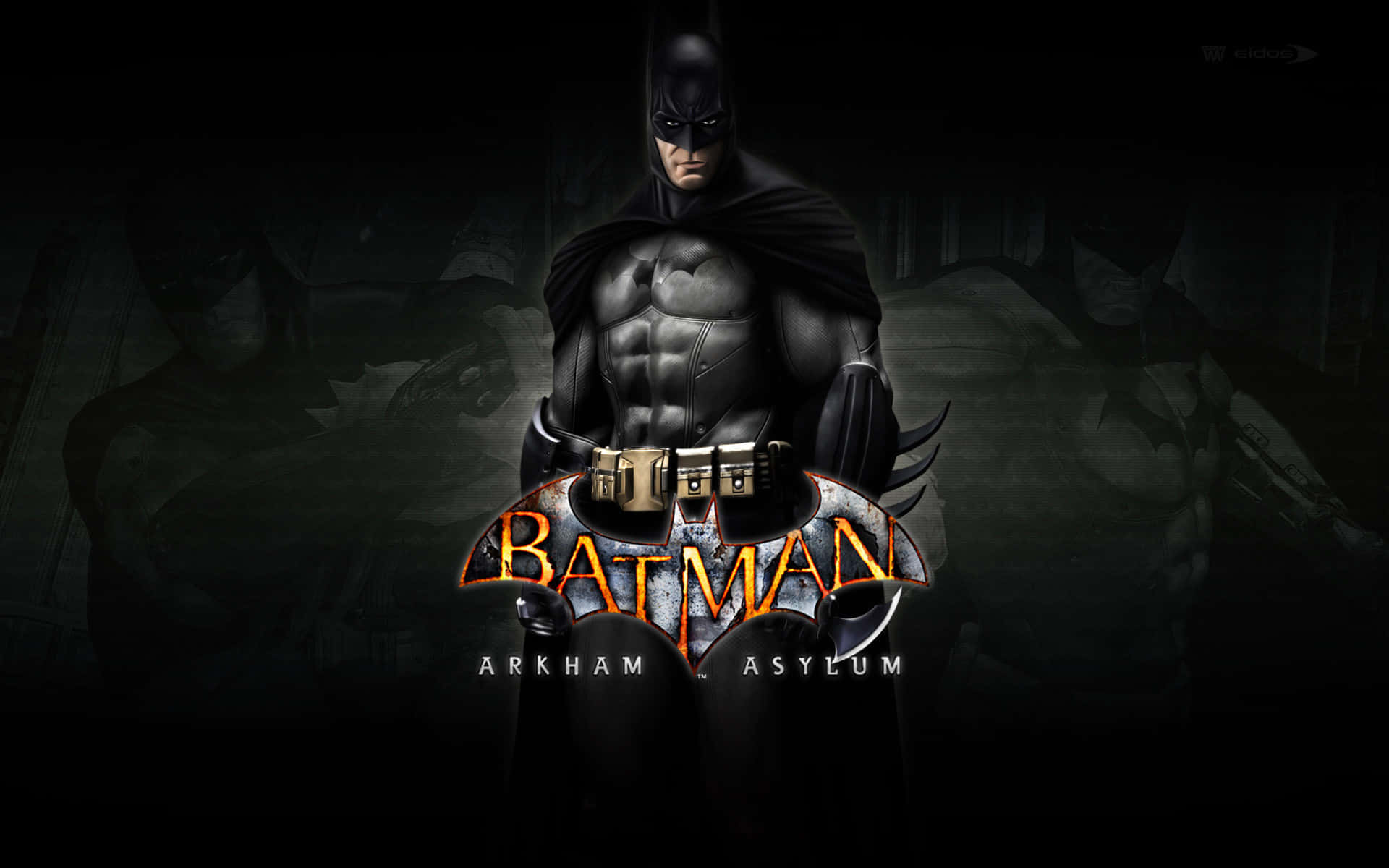 Batman Arkham Asylum 桌布 壁紙 — 蝙蝠俠站在黑暗、粗糙的高譚市場景中，阿卡漢精神病院的標誌在他腳下發光。