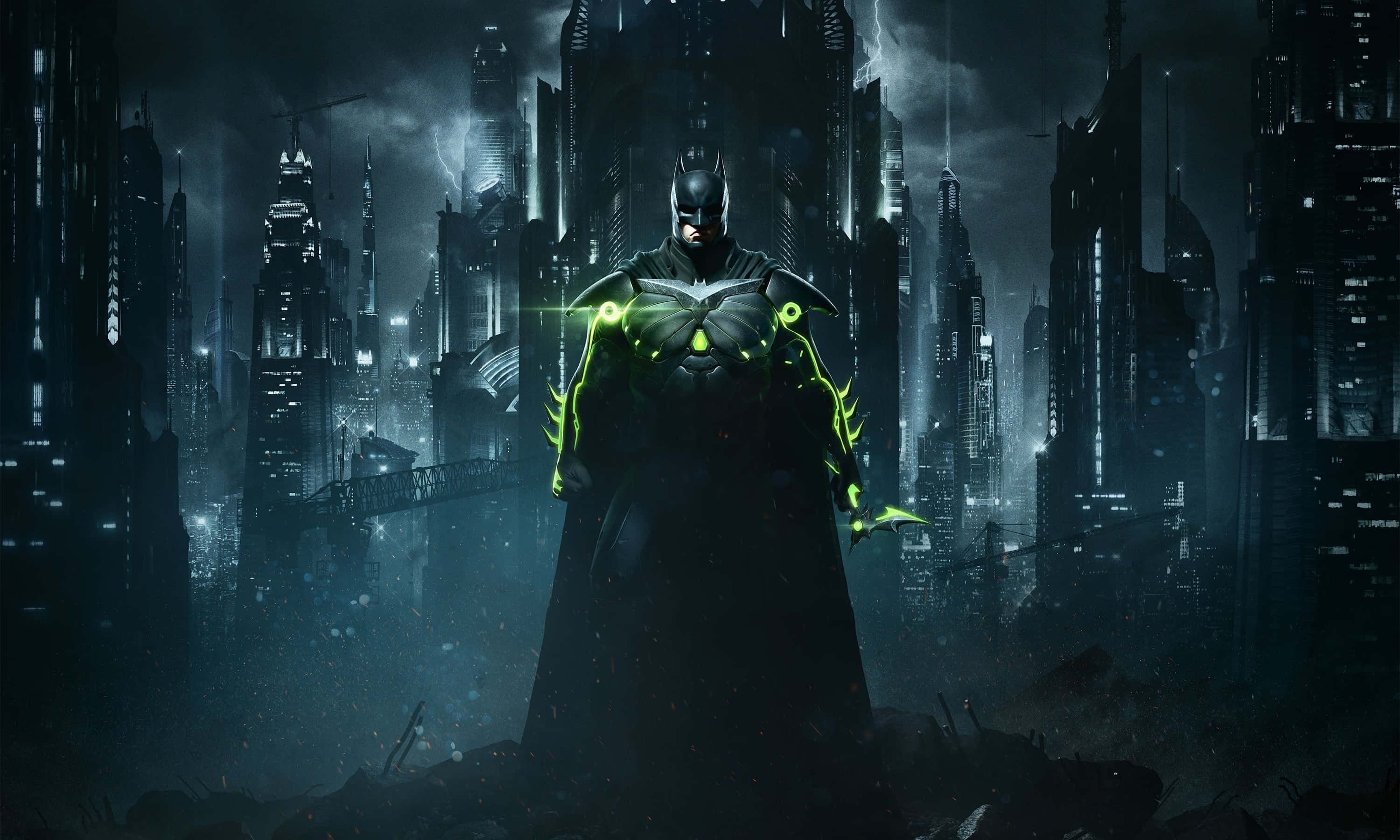 Superhero Video Games 桌布 壁紙 — 蝙蝠俠站在黑暗、雨水浸濕的高譚市景觀中，他的戰衣帶有霓虹綠色發光點綴，背景是暴風雨天空下的高聳摩天大樓。