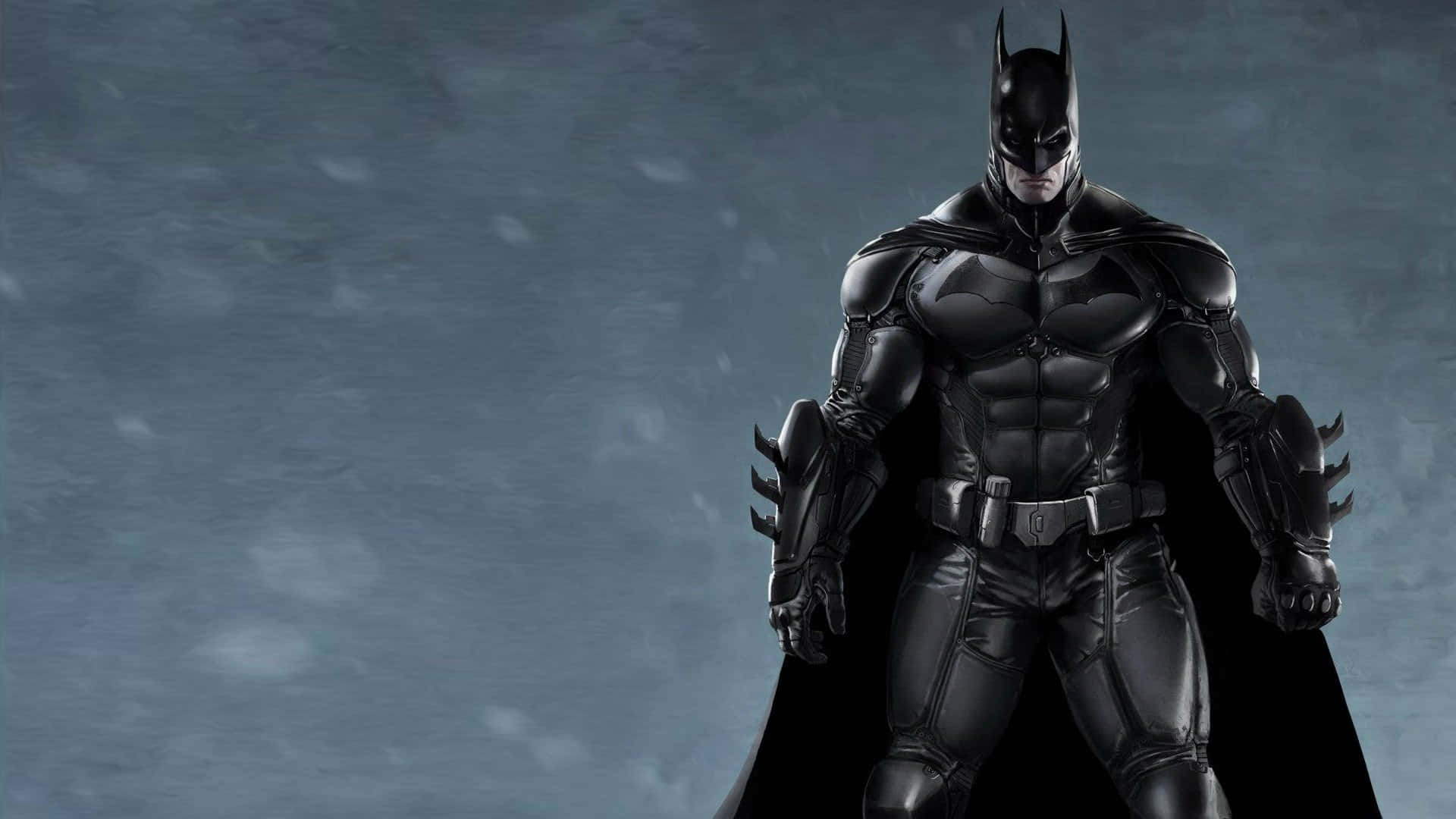 Batman Arkham Origins 桌布 壁紙 — 蝙蝠俠站在黑暗的暴風雨環境中，表情堅定，披風在身後飄揚。