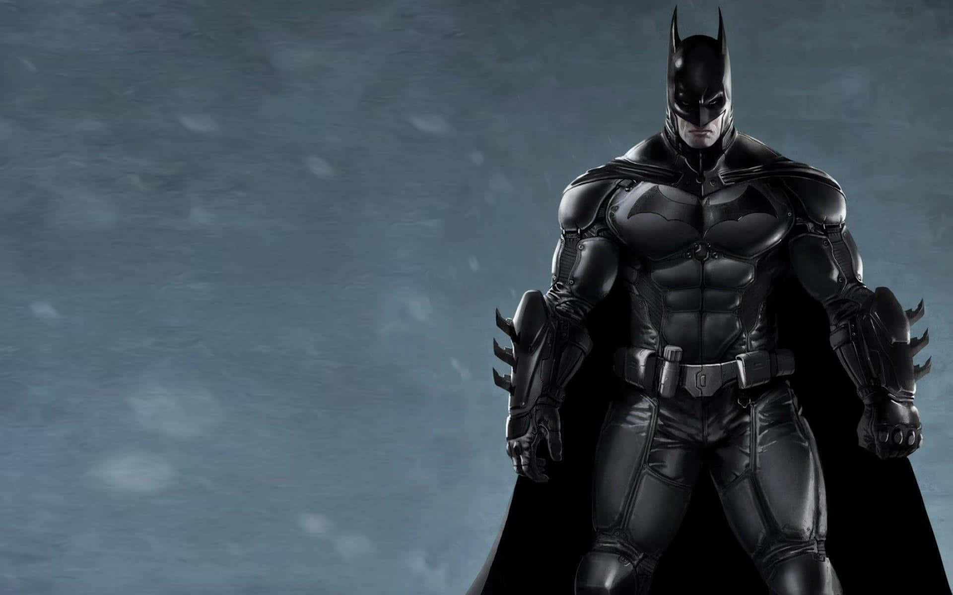 Batman Desktop 桌布 壁紙 — 蝙蝠俠站在黑暗的雨浸城市景觀中，他的黑色裝甲服在氣氛燈光下閃閃發光。
