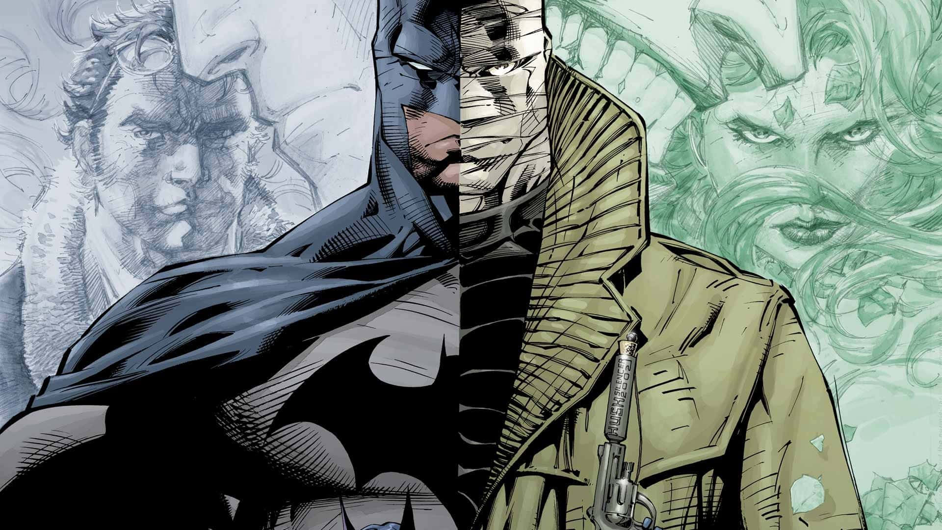 Batman Cartoon 桌布 壁紙 — 蝙蝠俠站在黑暗粗獷的現實主義與綠色調的蛇蠍美人之間，呈現出風格化的漫畫構圖。