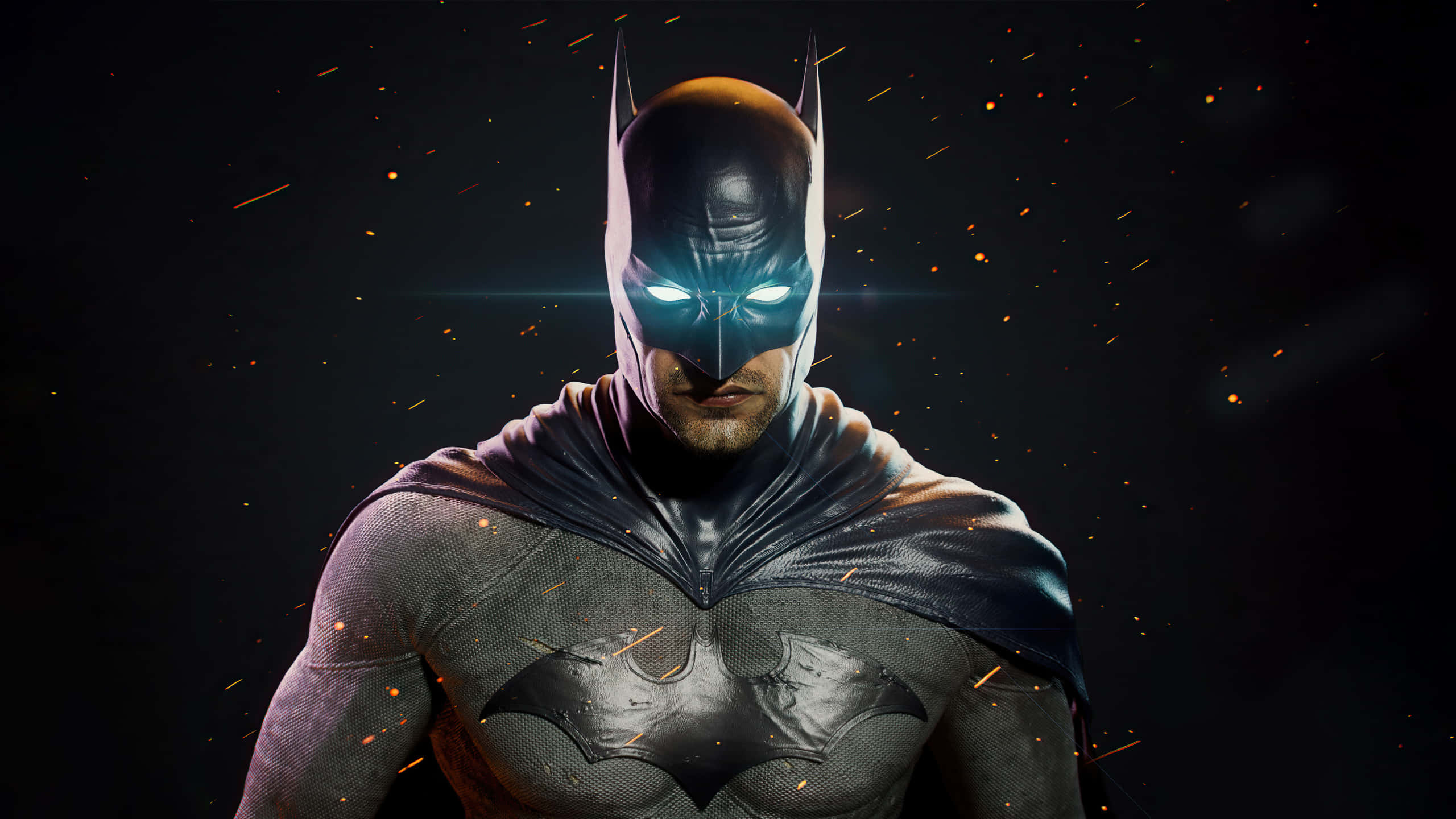 Batman Desktop 桌布 壁紙 — 蝙蝠俠站在黑暗粗糙的場景中，眼睛發光，火花在他裝甲服周圍飛舞。