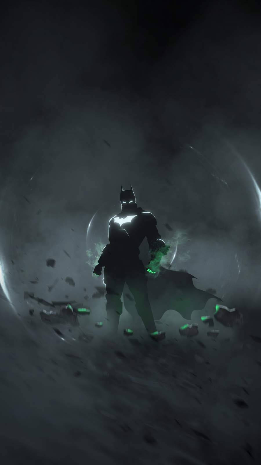 Hero 桌布 壁紙 — 蝙蝠俠站在黑暗隧道中，拳頭和披風周圍有發光的綠色能量劈啪作響。