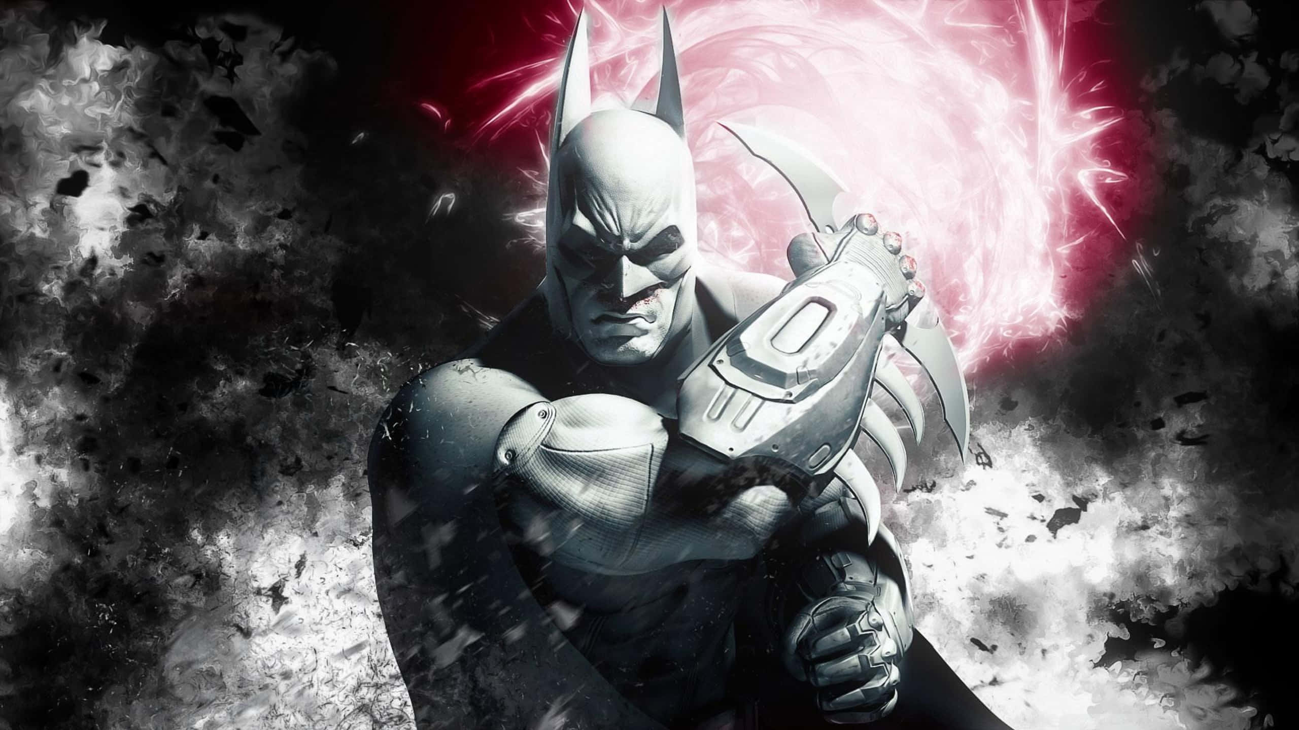 1440p Batman Arkham City 桌布 壁紙 — 蝙蝠俠站在黑暗風暴環境中，手持一把未來武器，身後有發光的紅色能量旋轉。