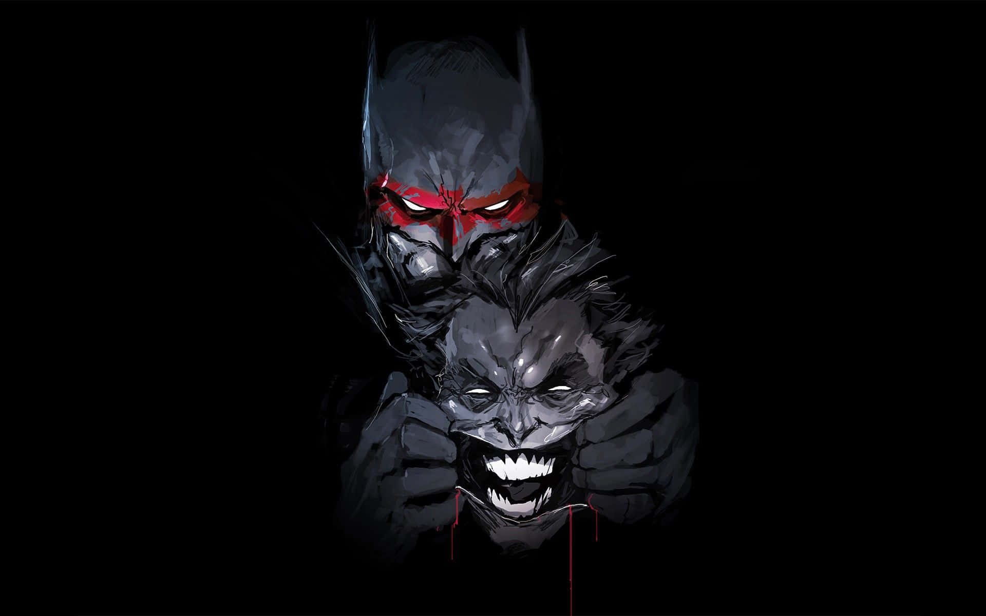 Joker Art 桌布 壁紙 — 蝙蝠俠紅眼緊握一個咆哮、血跡斑斑的臉孔，背景為黑色。