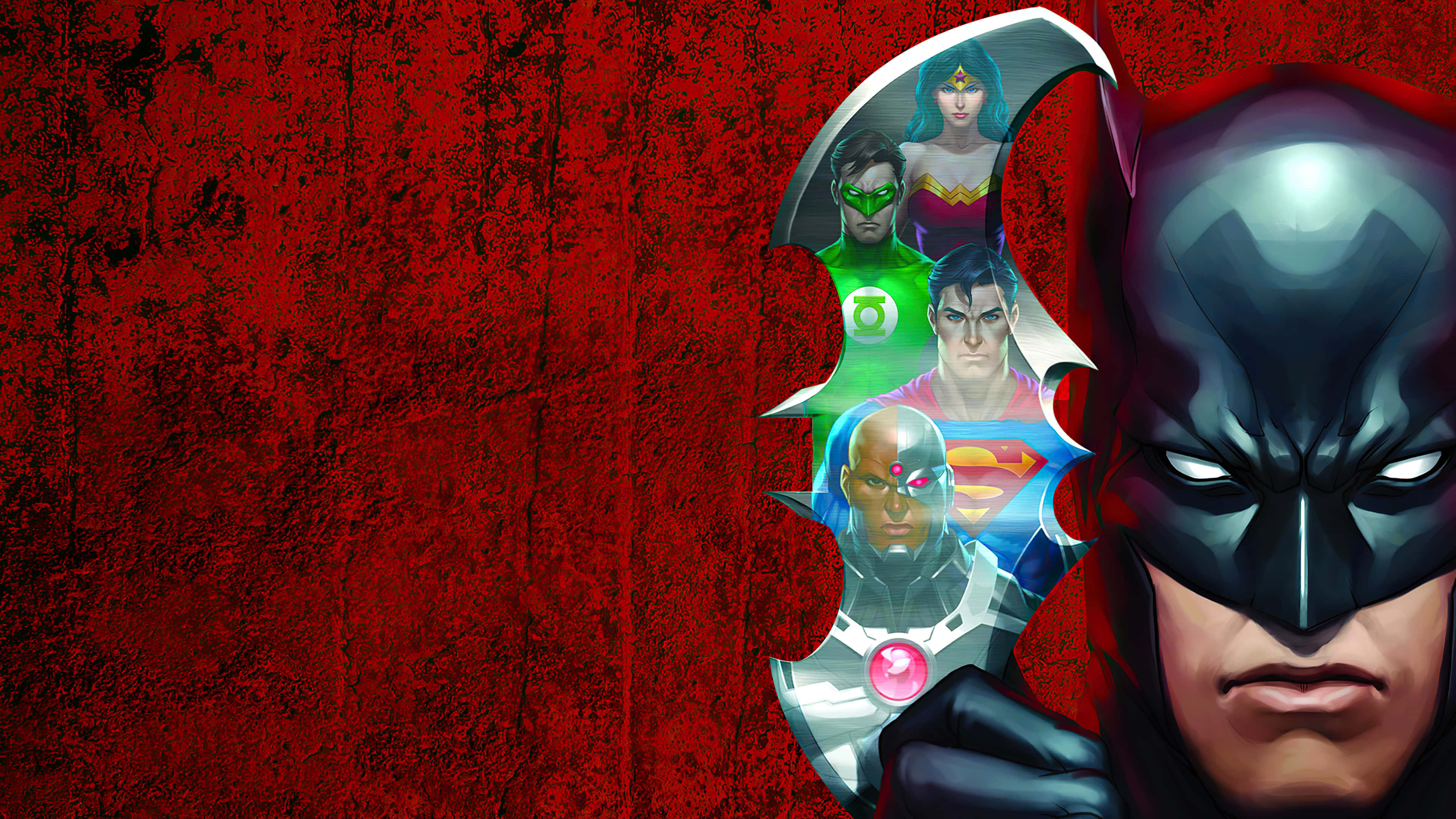 Justice League Doom 桌布 壁紙 — 蝙蝠俠聳立在帶有紋理的紅色背景前，一個鋸齒狀的鏤空揭示了像超人和神奇女俠這樣的標誌性超級英雄。