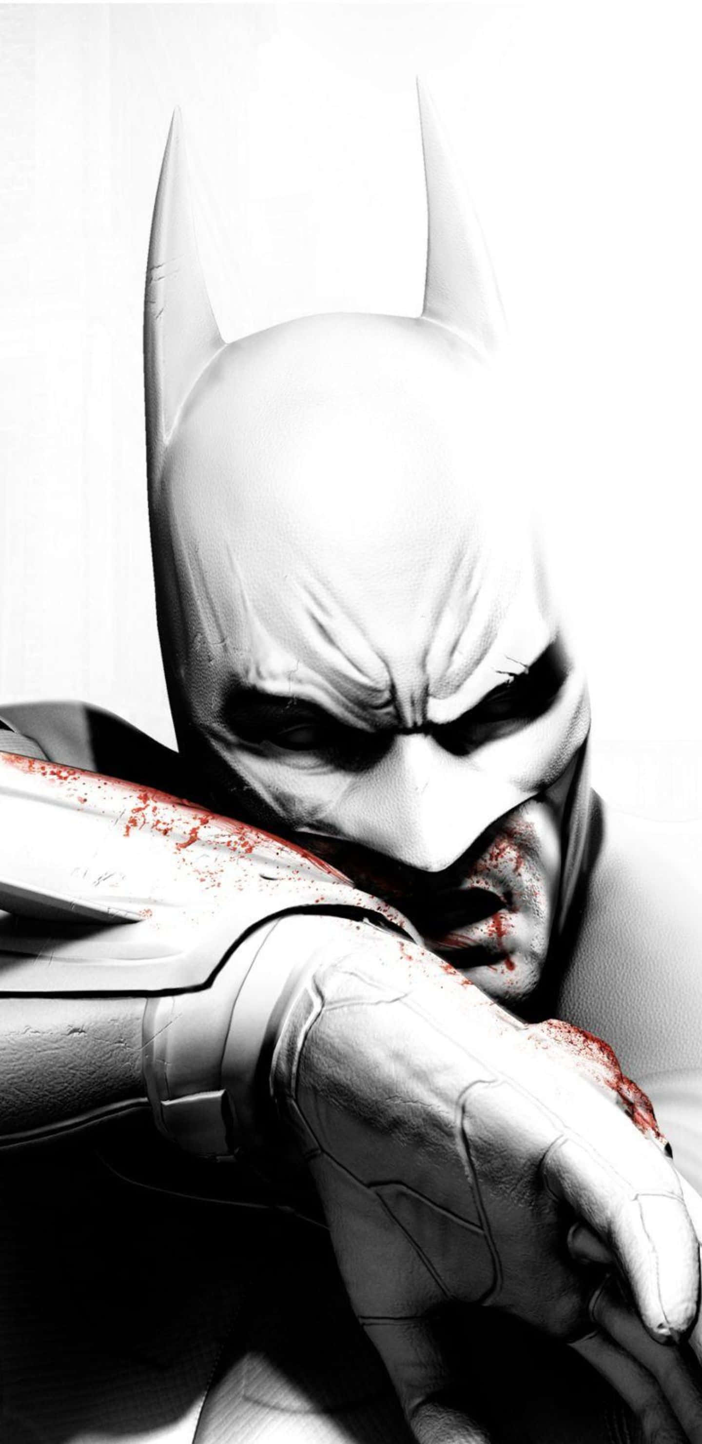 Pixel 3xl Batman Arkham City 桌布 壁紙 — 蝙蝠俠臉上和護手沾滿鮮血，在純白背景下凝視著。
