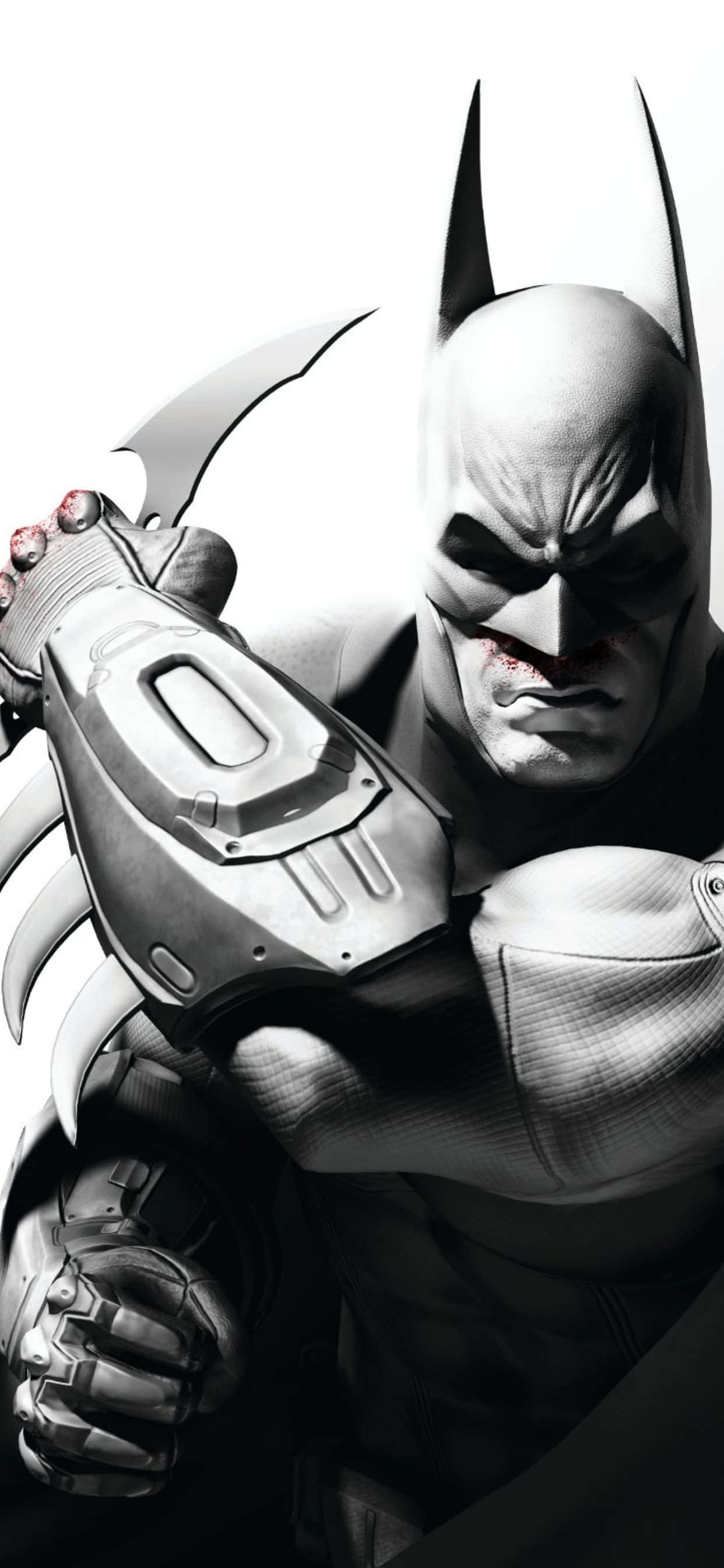 iPhone Xs Max Batman Arkham City 桌布 壁紙 — 蝙蝠俠臉上帶血，手持蝙蝠鏢，在純白背景前專注地向前凝視。