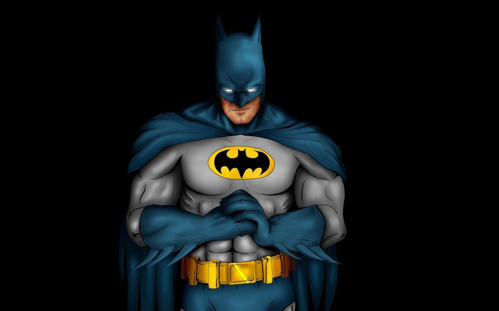 Batman Cartoon 桌布 壁紙 — 蝙蝠俠自信地交叉雙臂站在黑色背景前，眼睛發光，胸前有標誌性的黃色蝙蝠標誌。