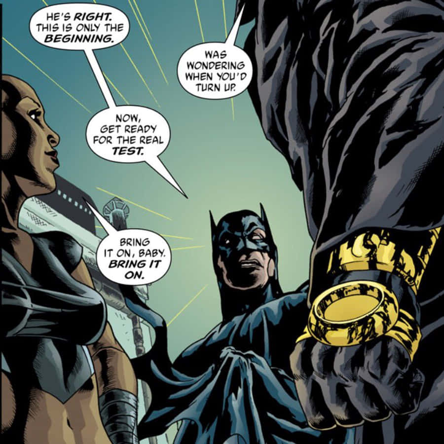 Batman War Games 桌布 壁紙 — 蝙蝠俠與一位女性超級英雄在漫畫書面板中對峙，帶有戲劇性的燈光和大膽的對話。