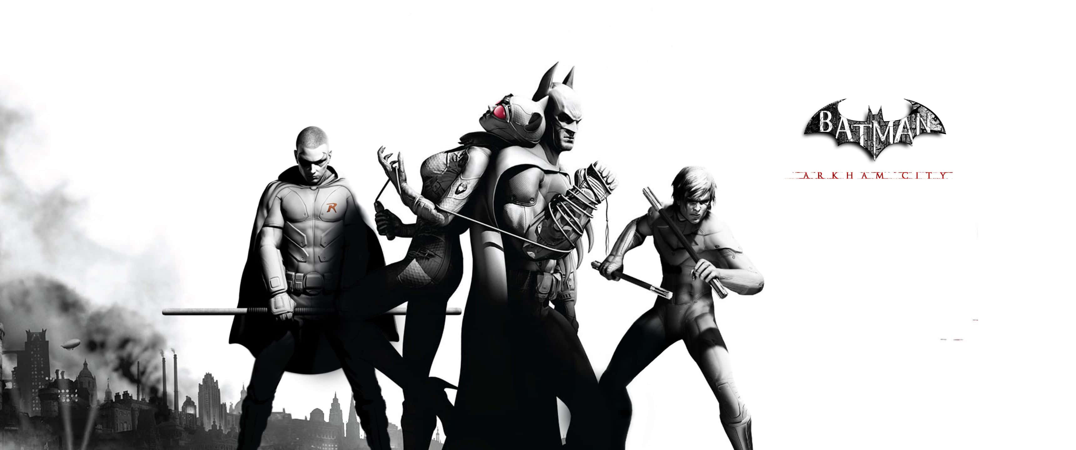 3440x1440p Batman Arkham City 桌布 壁紙 — 蝙蝠俠與三位盟友以動態戰鬥姿勢站立，背景是煙霧瀰漫的高譚市天際線，呈現高對比度的黑白效果。