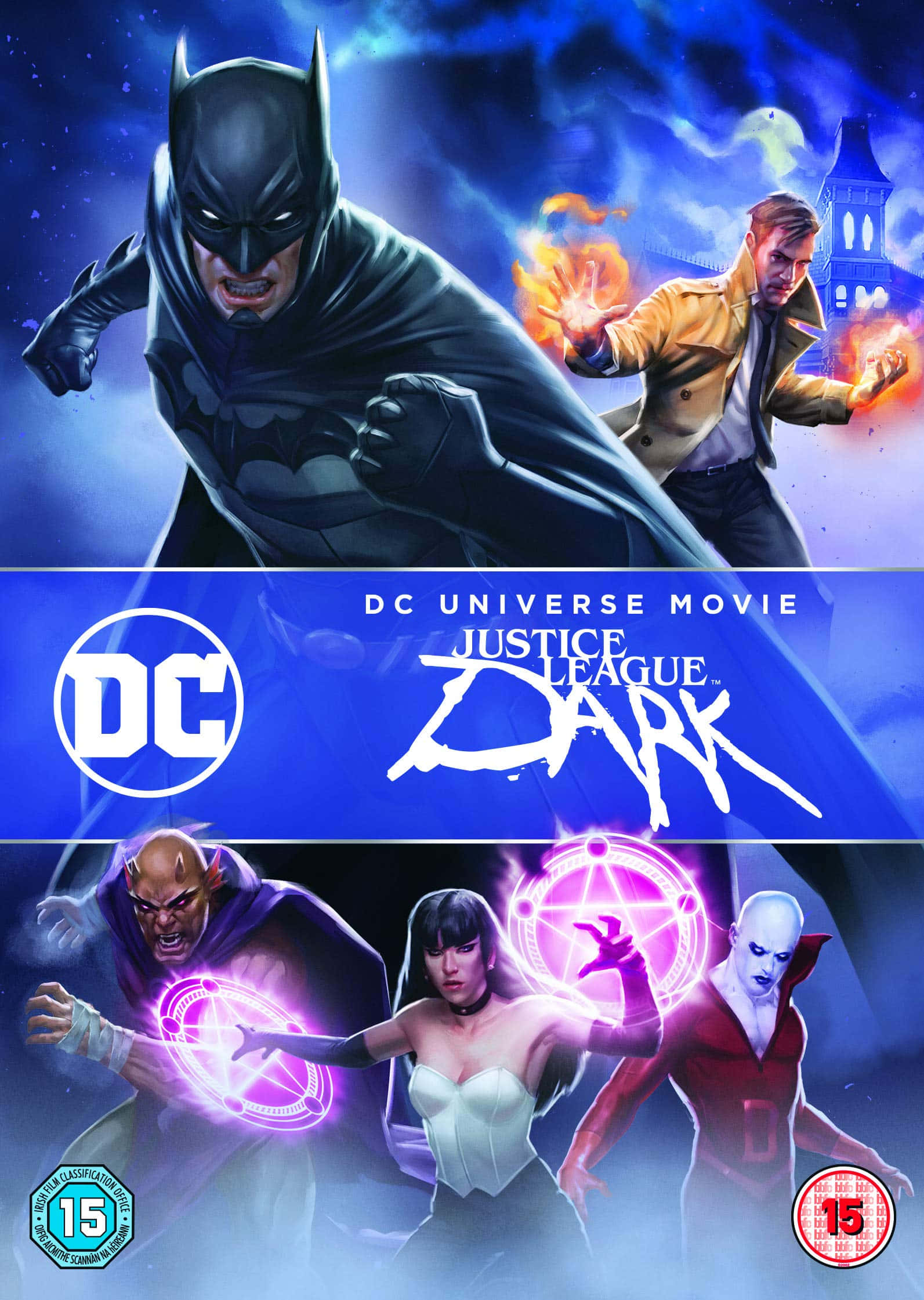 The Justice League Dark 桌布 壁紙 — 蝙蝠俠與其他英雄在暴風雨夜空中與神秘反派戰鬥的DC動畫電影海報。