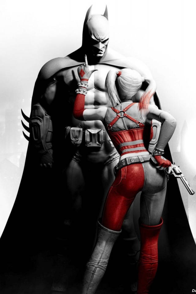 batman arkham city iPhone 桌布 壁紙 — 蝙蝠俠與哈莉·奎茵以戲劇性的姿勢站立，哈莉的紅色服裝與蝙蝠俠的單色西裝形成對比。