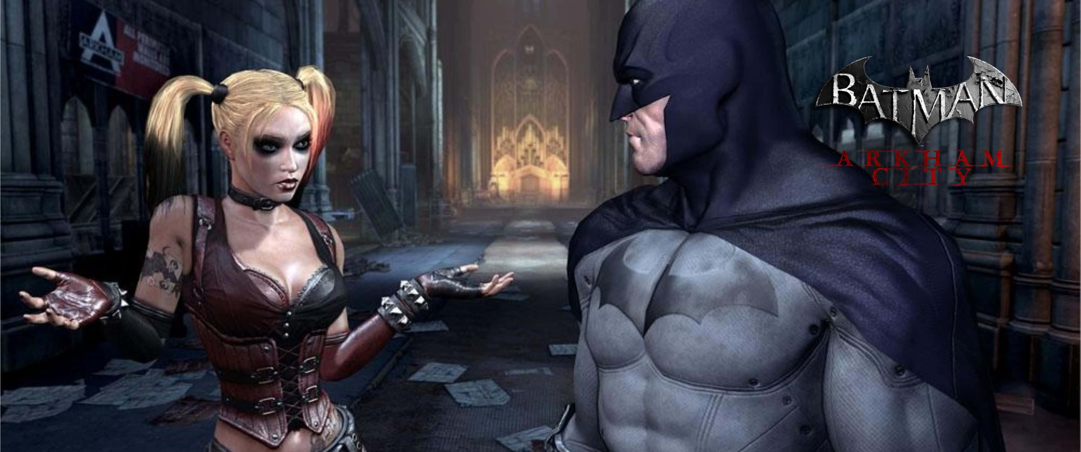 3440x1440p Batman Arkham City 桌布 壁紙 — 蝙蝠俠與哈莉·奎茵在哥德式大教堂中對峙，教堂內有彩繪玻璃窗和散落的紙張。