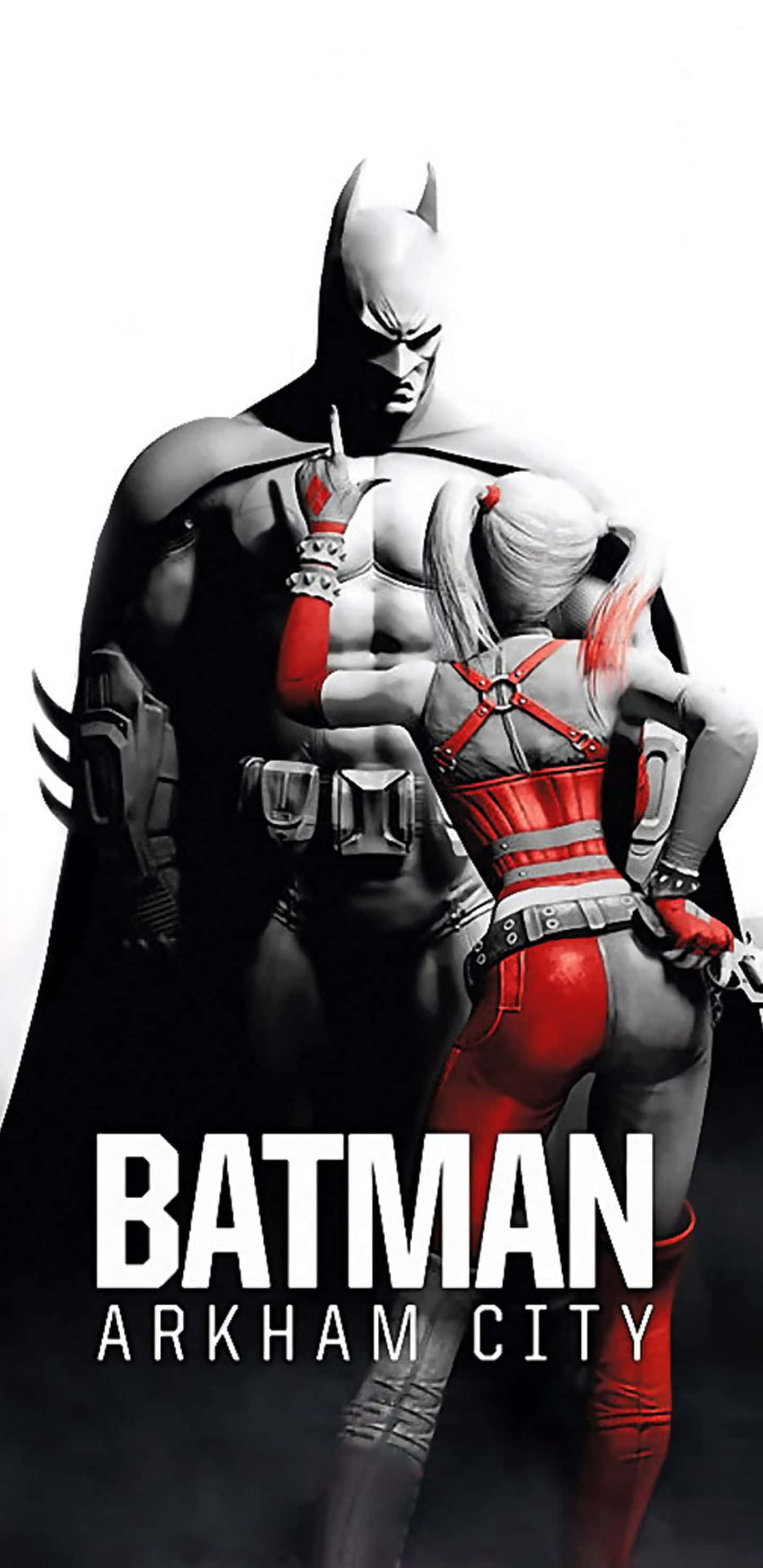 Pixel 3xl Batman Arkham City 桌布 壁紙 — 蝙蝠俠與哈莉·奎茵在阿卡姆城的戲劇性單色與紅色姿勢中背靠背站立。