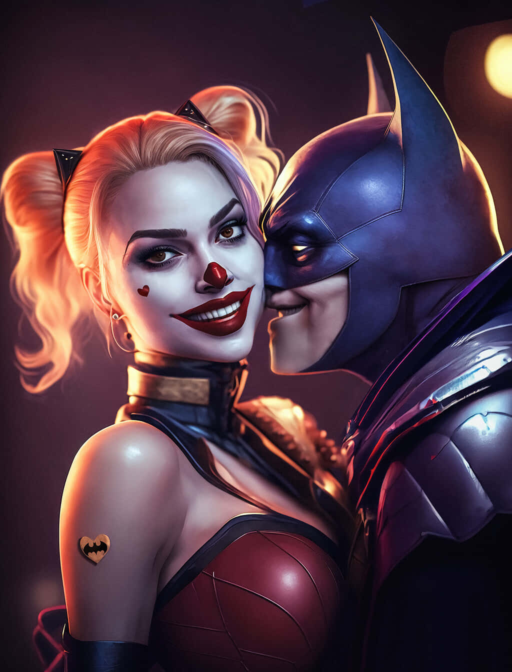 Harley Quinn And Batman 桌布 壁紙 — 蝙蝠俠與哈莉·奎茵在黑暗環境中，於溫暖發光的燈光下分享親密時刻。