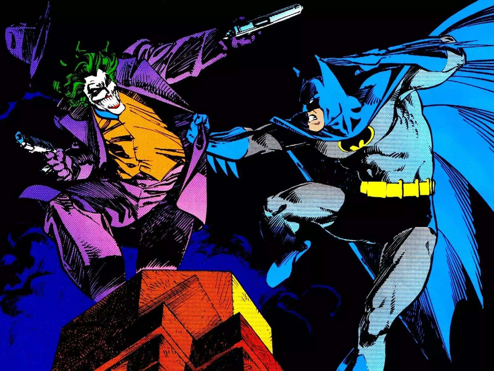 The Joker Comic 桌布 壁紙 — 蝙蝠俠與小丑在一個動態的漫畫面板中碰撞，以鮮豔的色彩和戲劇性的姿勢，背景是黑暗的城市景觀。