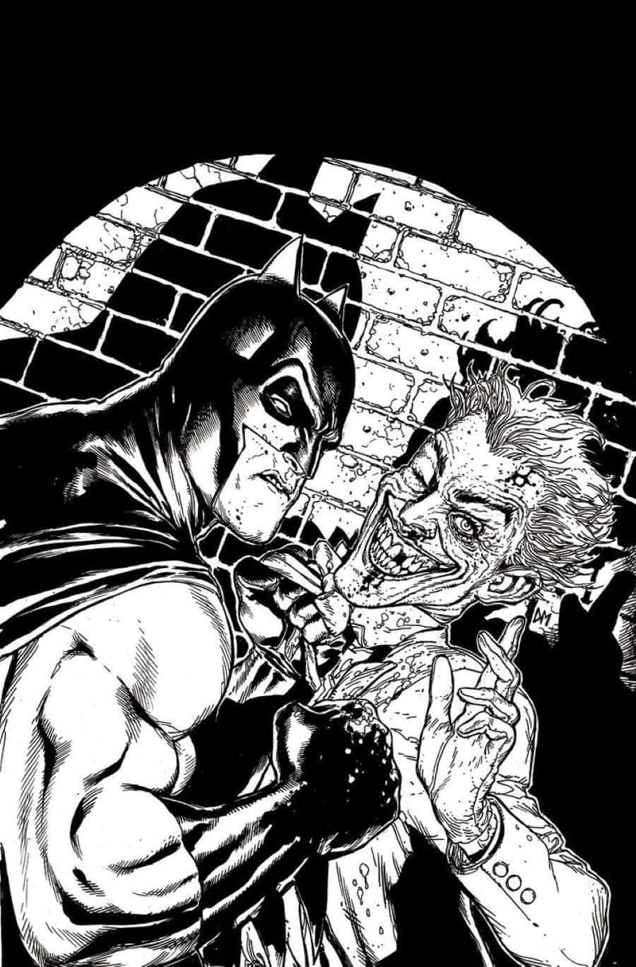 Black And White Comic 桌布 壁紙 — 蝙蝠俠與小丑在一個破損的磚拱門前搏鬥，高對比度的黑白漫畫風格。