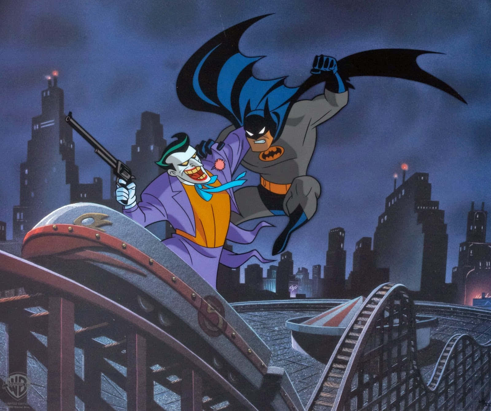 Batman Mask Of The Phantasm 桌布 壁紙 — 蝙蝠俠與小丑在夜間的雲霄飛車頂端交鋒，背後是黑暗的城市天際線。