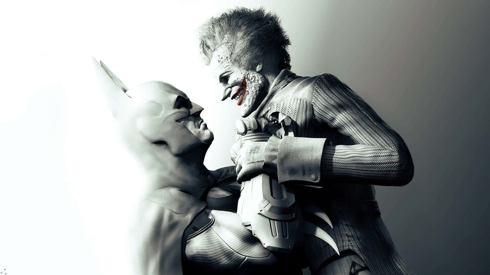 Batman Arkham Asylum 桌布 壁紙 — 蝙蝠俠與小丑在強烈燈光和粗糙質感中緊張對峙的近距離特寫。
