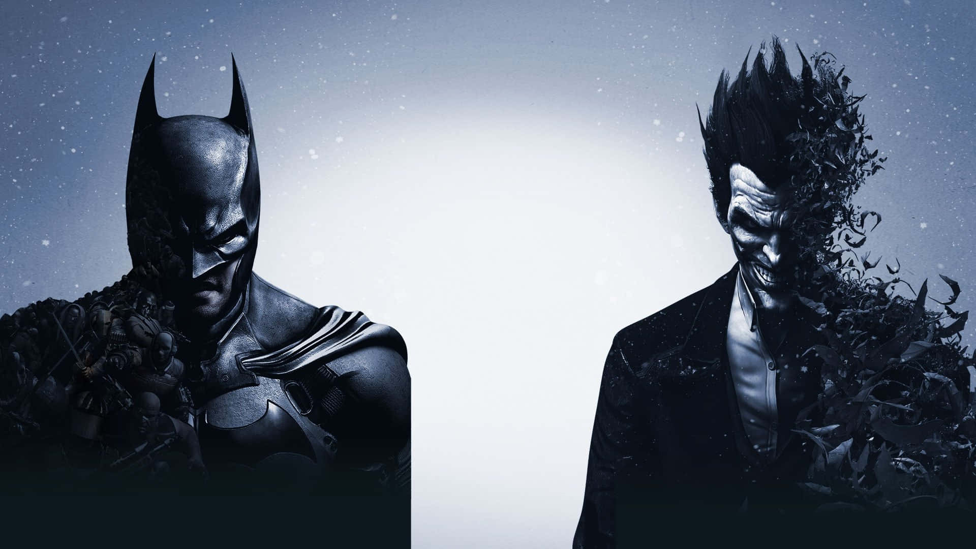 Batman Arkham Origins 桌布 壁紙 — 蝙蝠俠與小丑在雪夜天空中形成鮮明對比，他們黑暗的身影被發光的白色中心照亮。