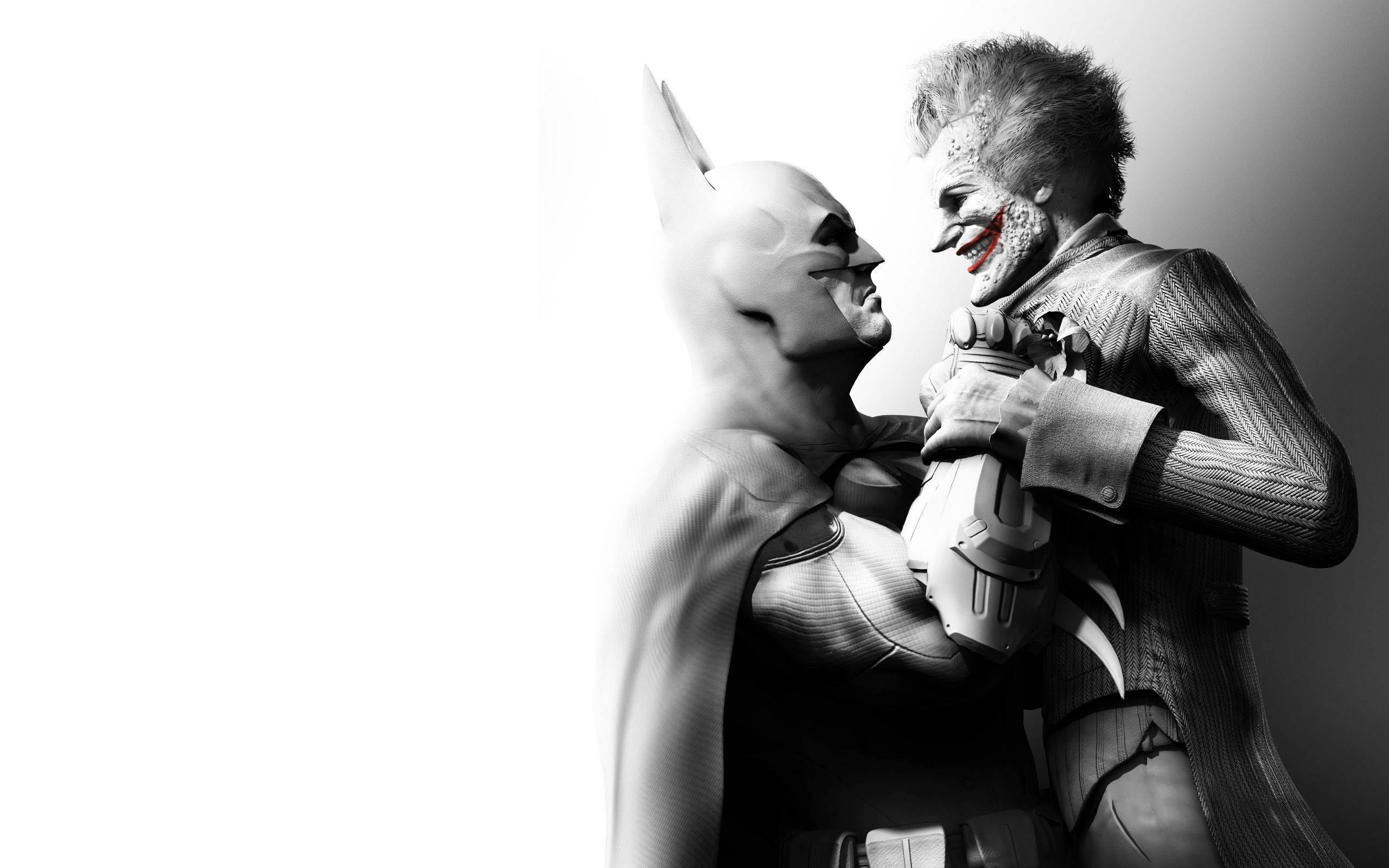 Black And White Joker 桌布 壁紙 — 蝙蝠俠與小丑在高對比度的黑白戲劇性對峙中正面交鋒。