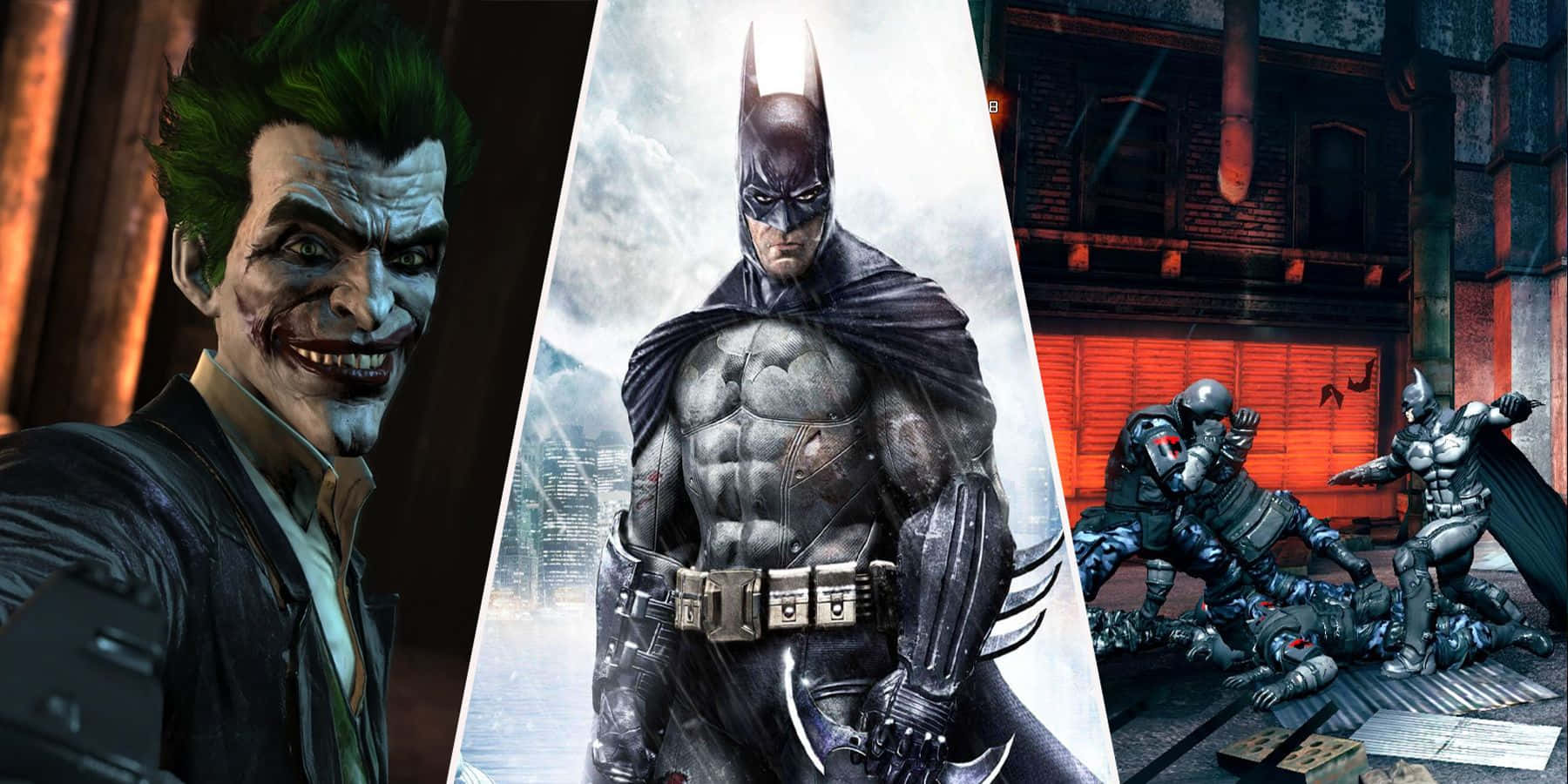 Arkham Asylum 桌布 壁紙 — 蝙蝠俠與小丑在高譚市陰暗的小巷中對峙，伴隨著機械敵人，呈現出戲劇性的漫畫風格。