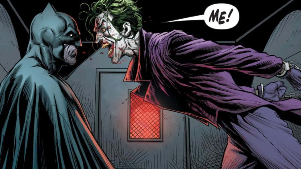 Batman Three Jokers 桌布 壁紙 — 蝙蝠俠與小丑在黑暗的房間中對峙，小丑以漫畫風格對我尖叫。