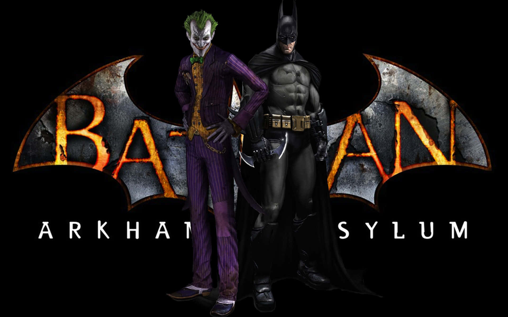 Arkham Asylum 桌布 壁紙 — 蝙蝠俠與小丑在黑色背景前，站在燃燒的阿卡漢精神病院標誌前，氣勢洶洶。