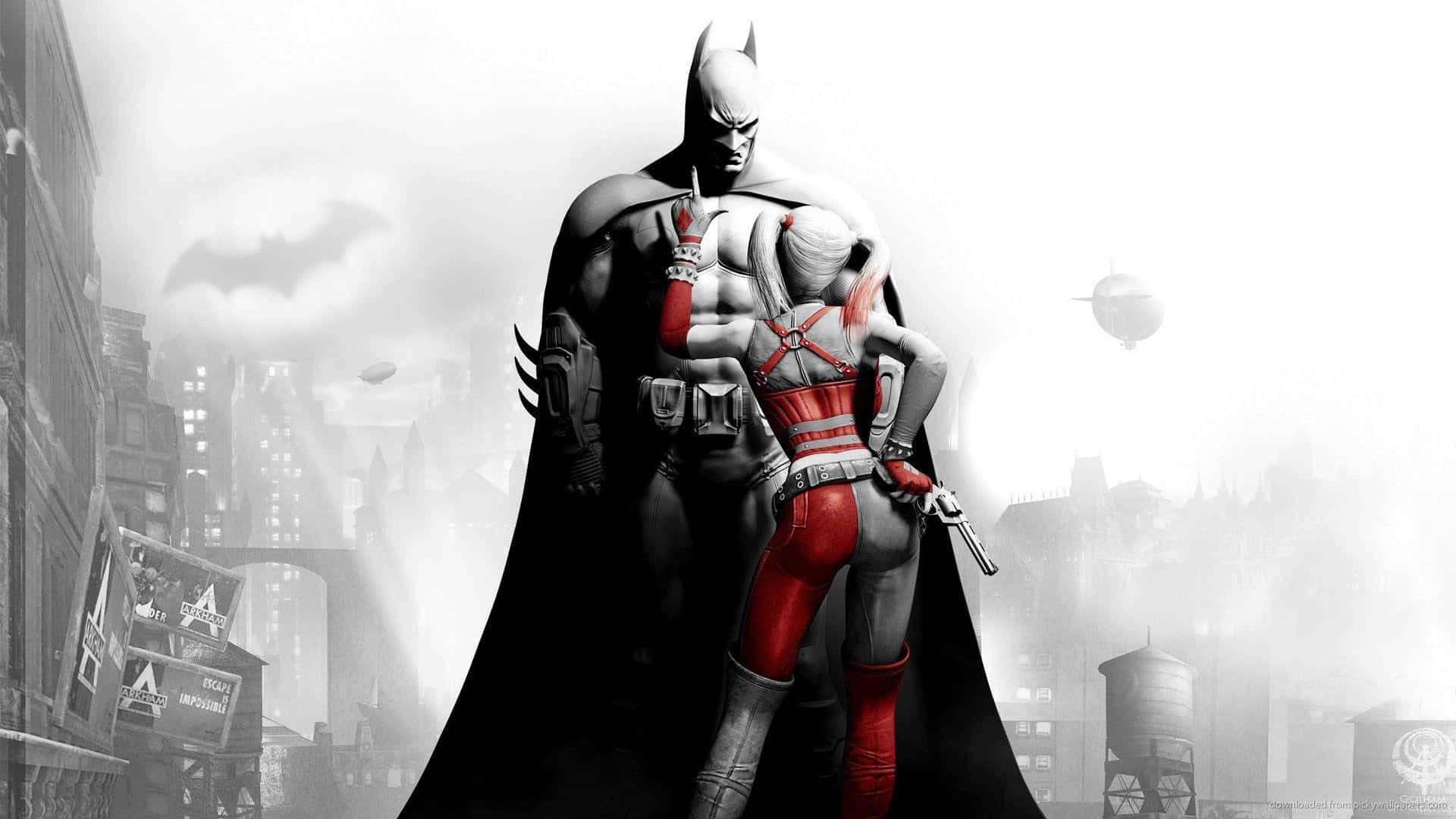 Cool Batman 桌布 壁紙 — 蝙蝠俠與小丑女哈莉·奎茵在陰暗單色的高譚市景觀中相擁，霧濛濛的天空中有一個蝙蝠標誌。
