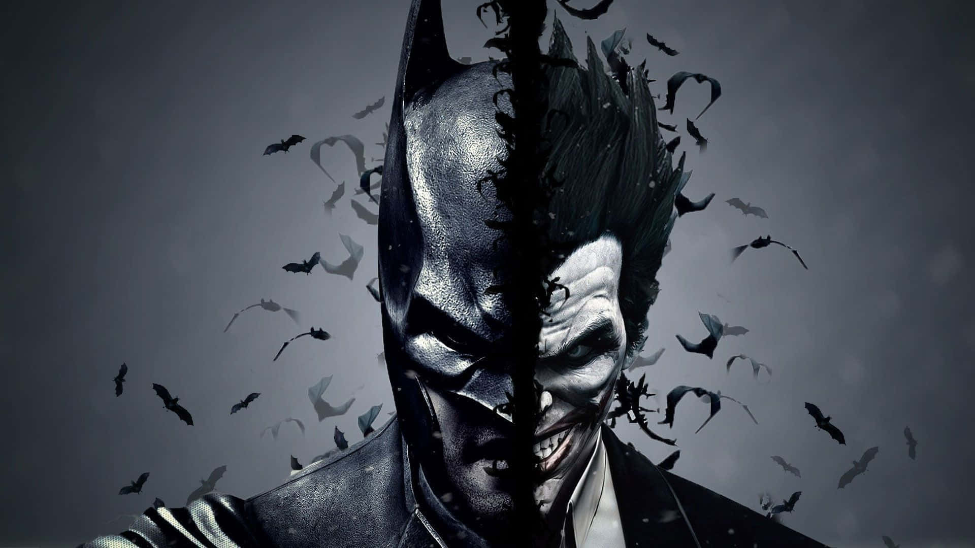 Cool Batman 桌布 壁紙 — 蝙蝠俠與小丑的分裂面孔肖像，蝙蝠在深灰色背景中飛翔。