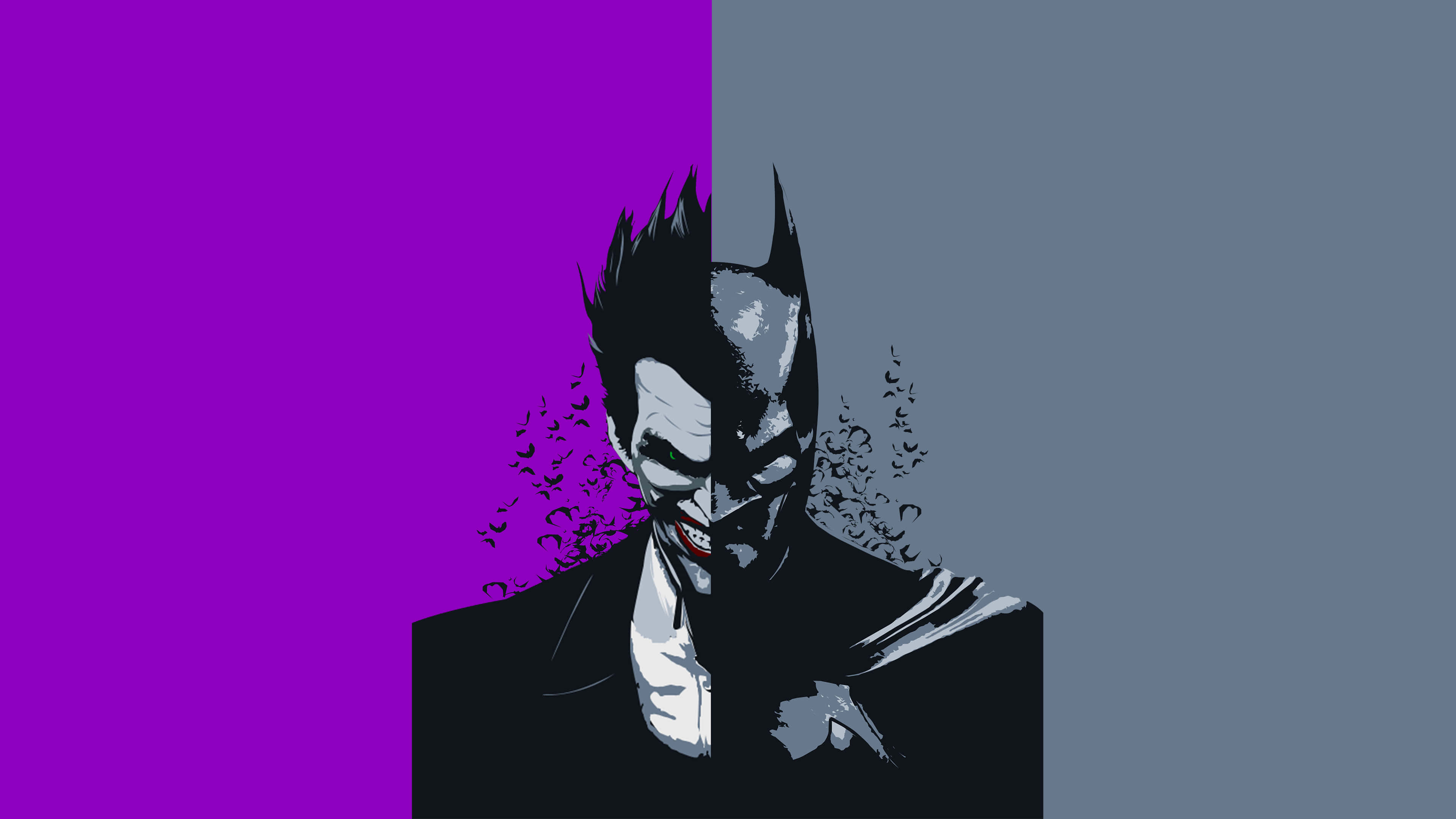 Batman Comics 桌布 壁紙 — 蝙蝠俠與小丑的分面插圖，背景為紫色和灰色，帶有蝙蝠圖案。