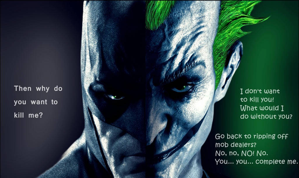 batman quotes 桌布 壁紙 — 蝙蝠俠與小丑的分面肖像，戲劇性的對峙與對話文字。